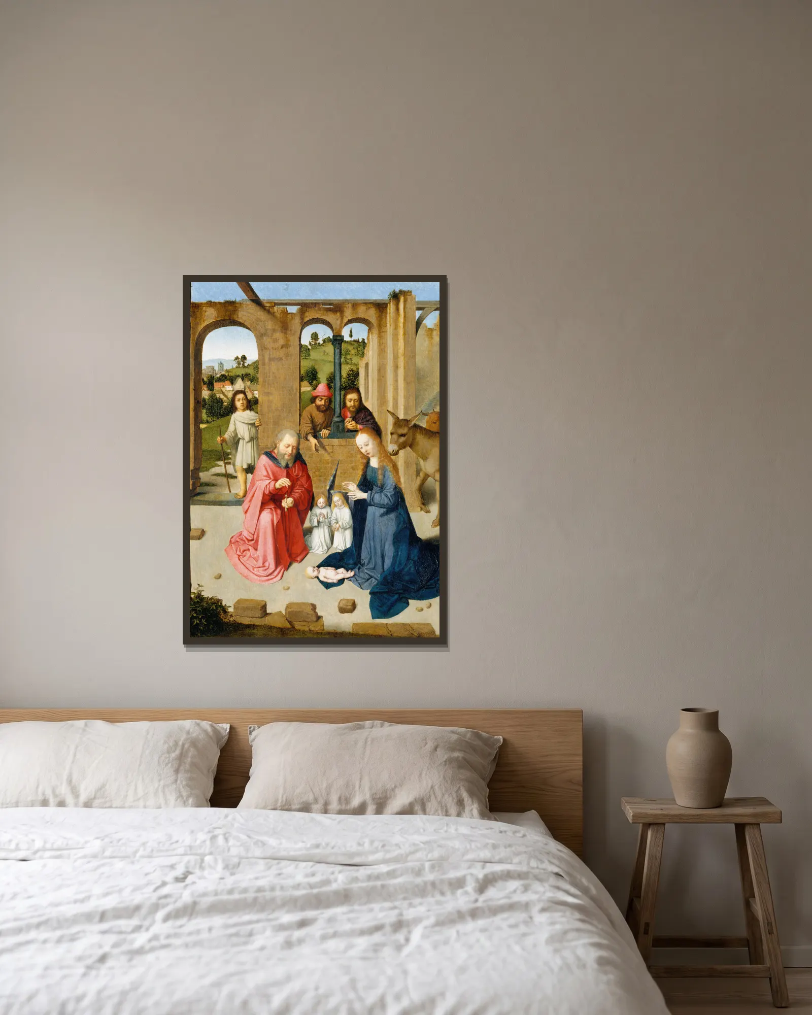 The Nativity av Gerard David inramad på en vägg