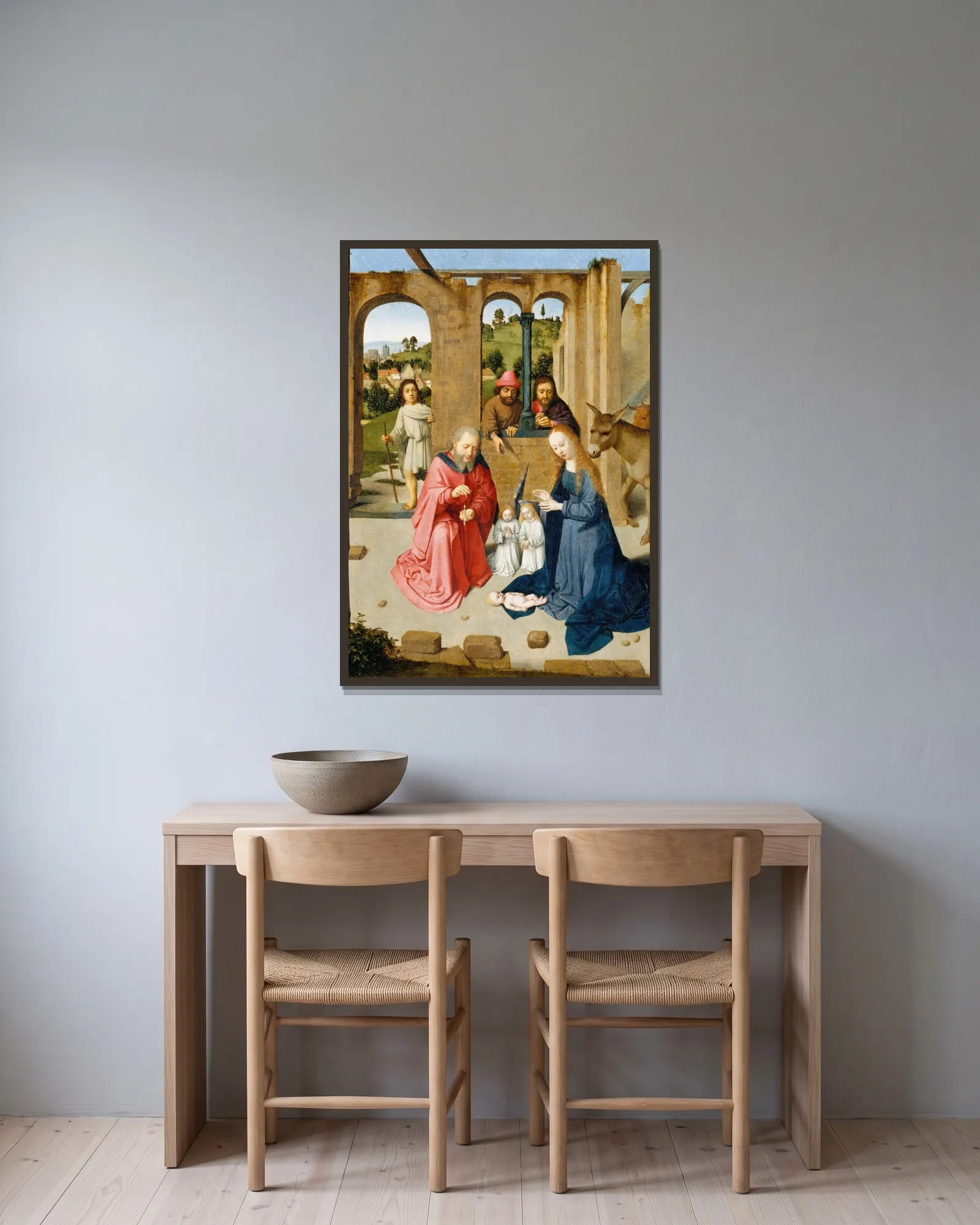 The Nativity av Gerard David inramad på en vägg