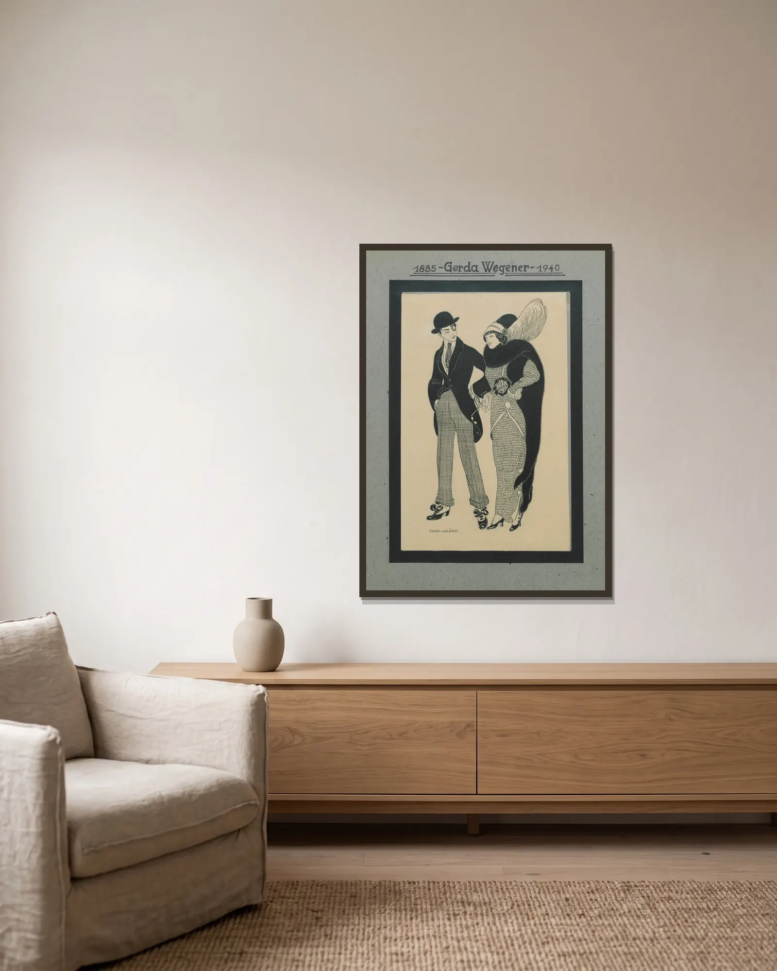 Man and Woman av Gerda Wegener inramad på en vägg