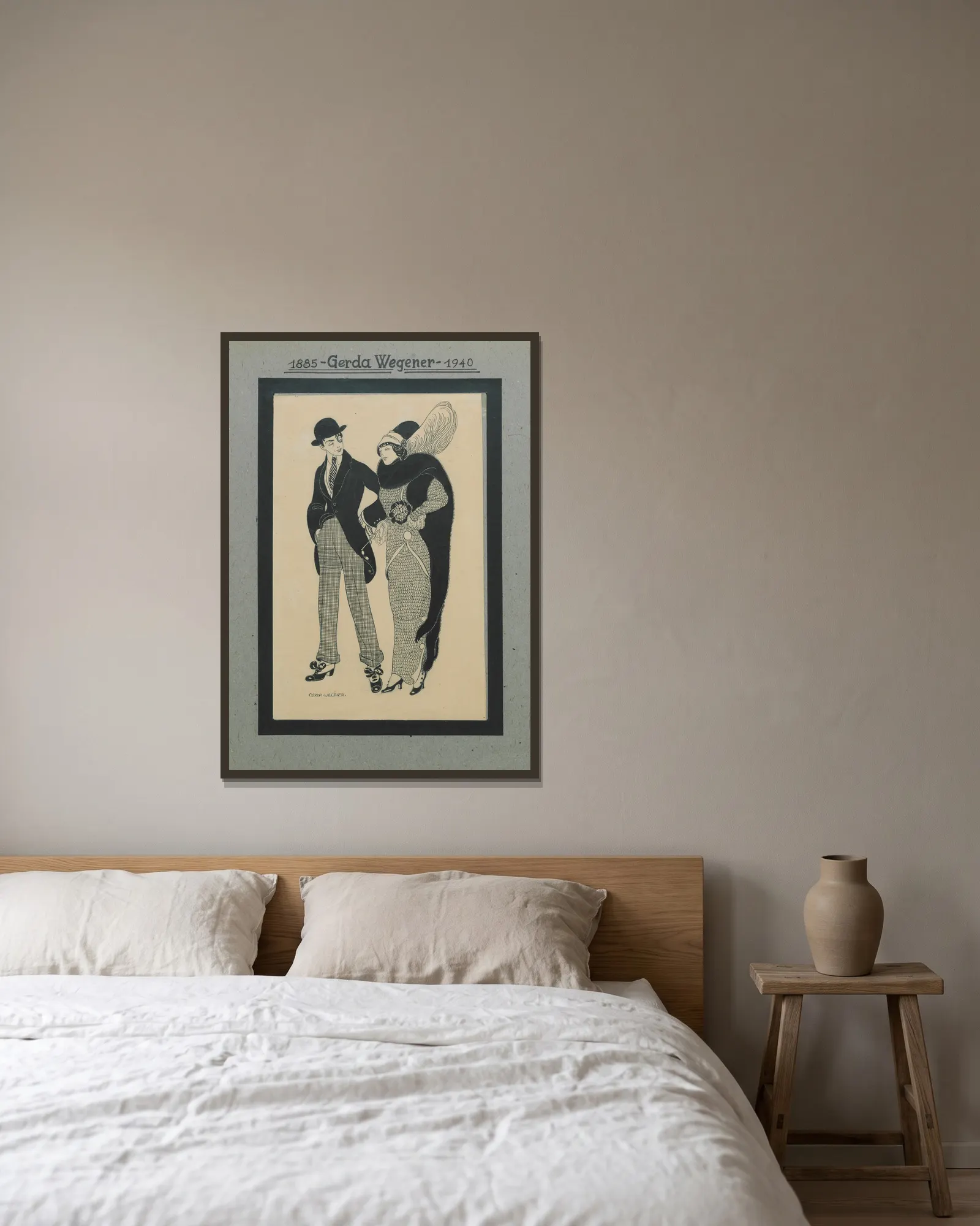 Man and Woman av Gerda Wegener inramad på en vägg