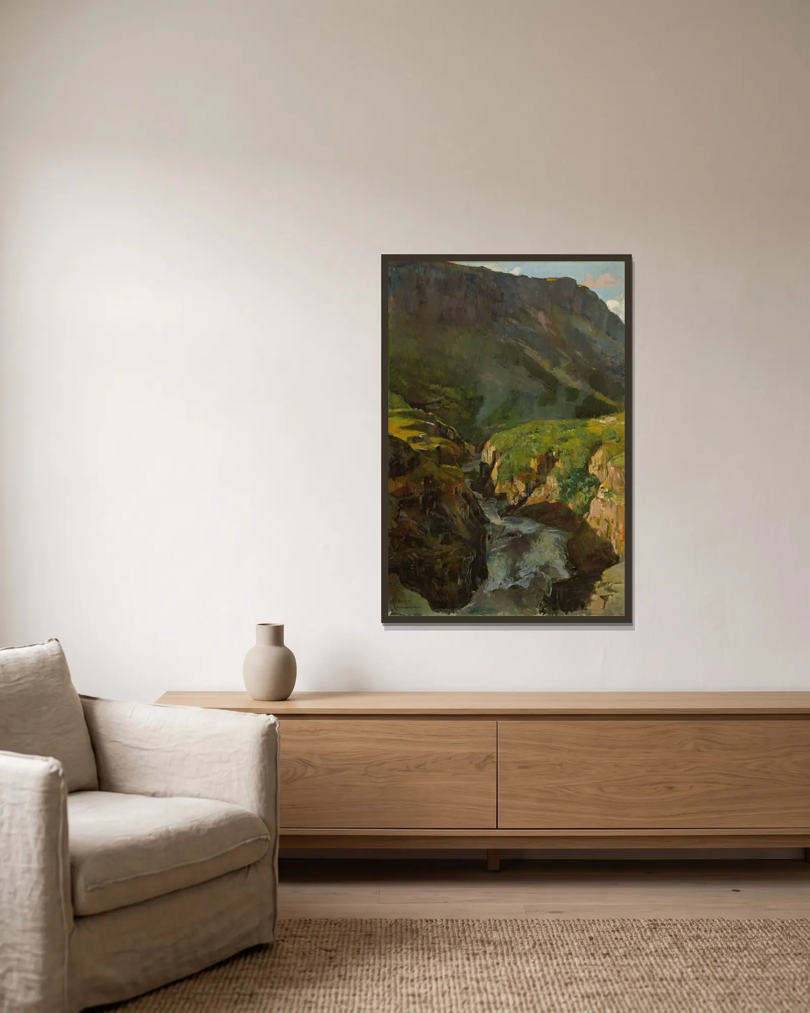 The River Driva av Gerhard Munthe inramad på en vägg