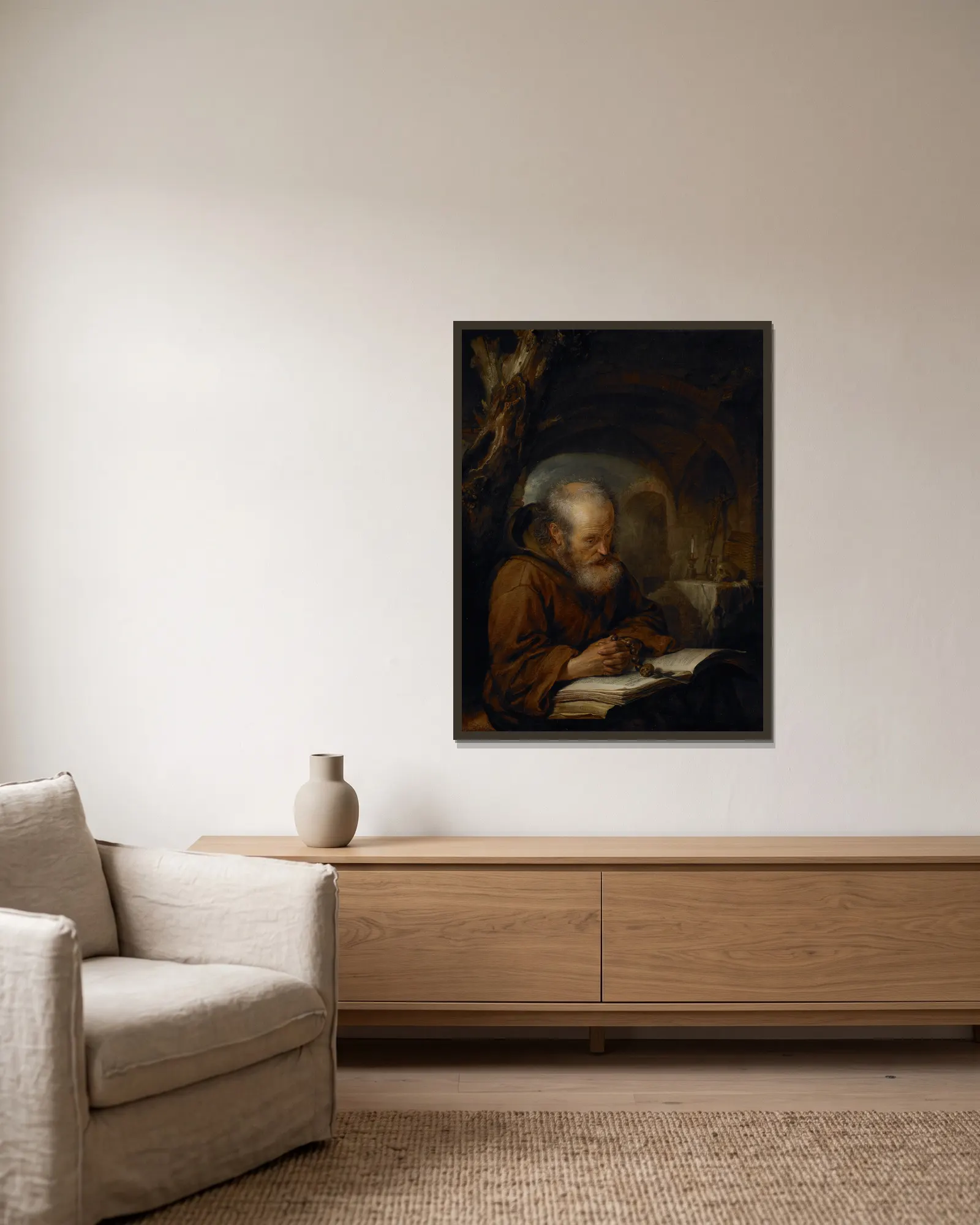 A Hermit Praying av Gerrit Dou inramad på en vägg