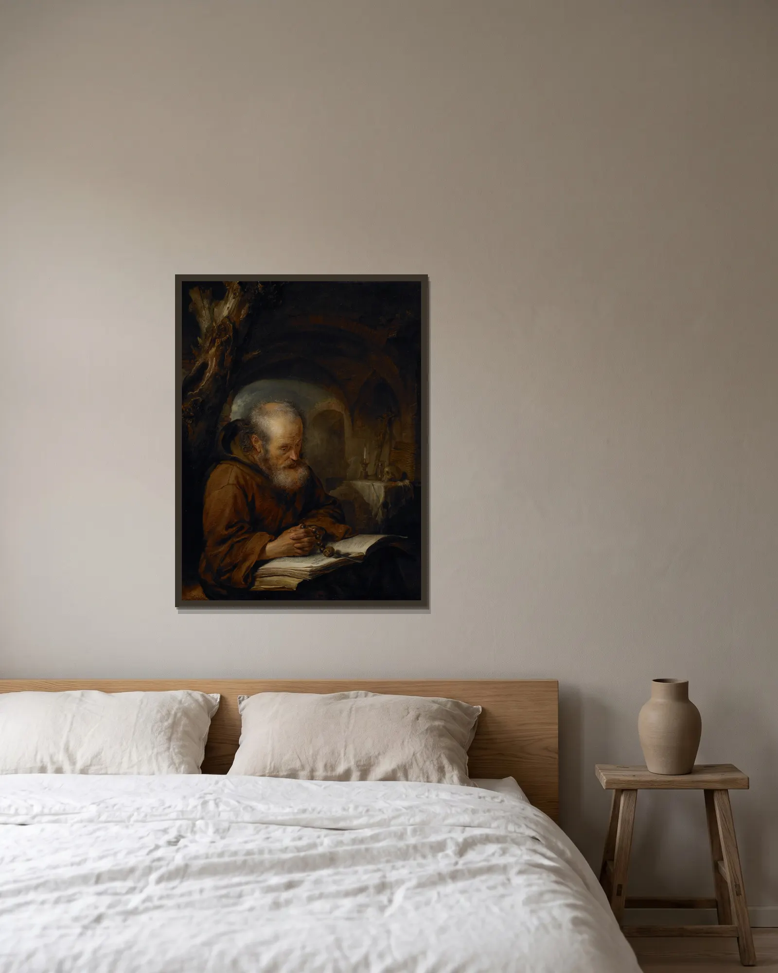 A Hermit Praying av Gerrit Dou inramad på en vägg
