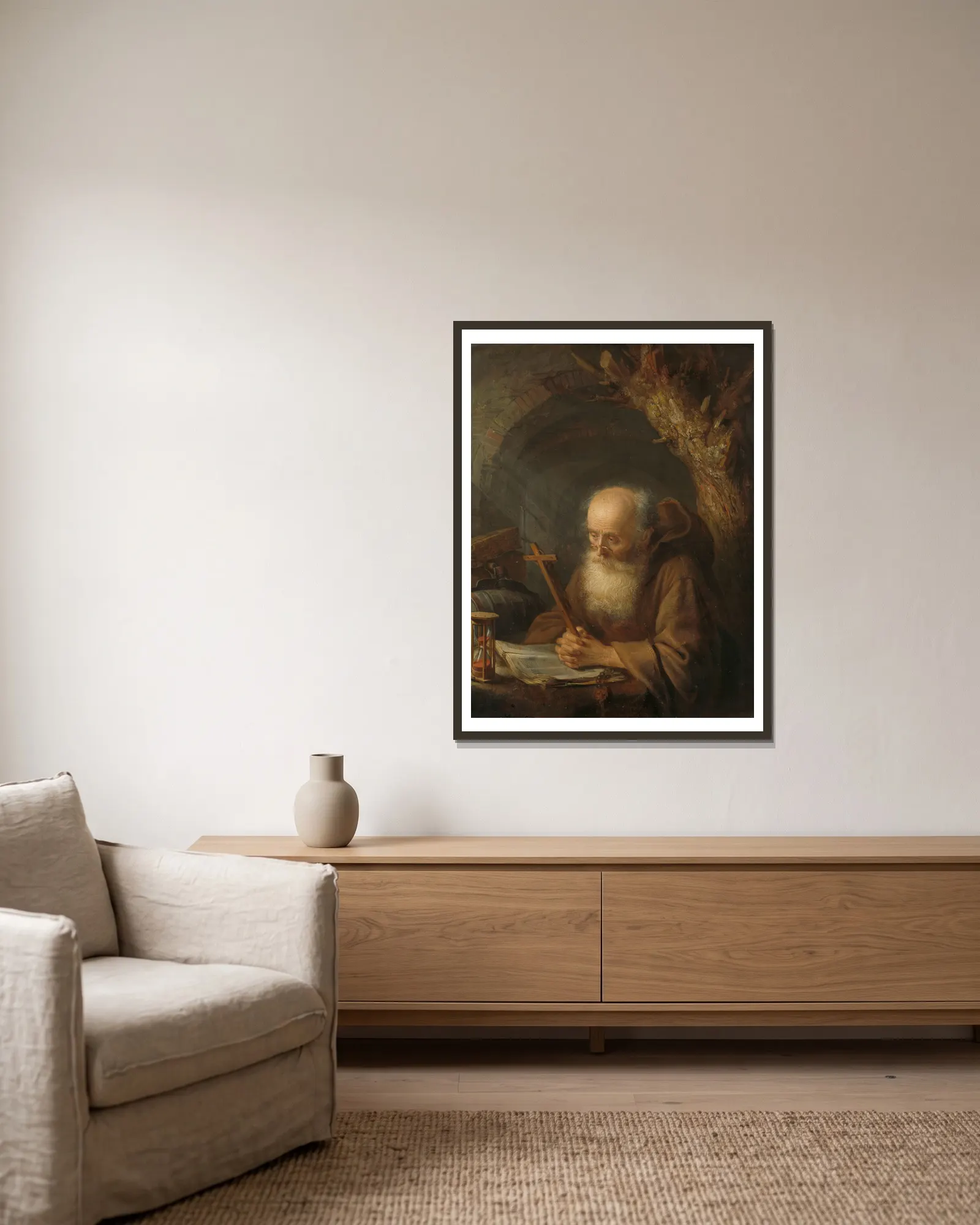A Hermit av Gerrit Dou inramad på en vägg