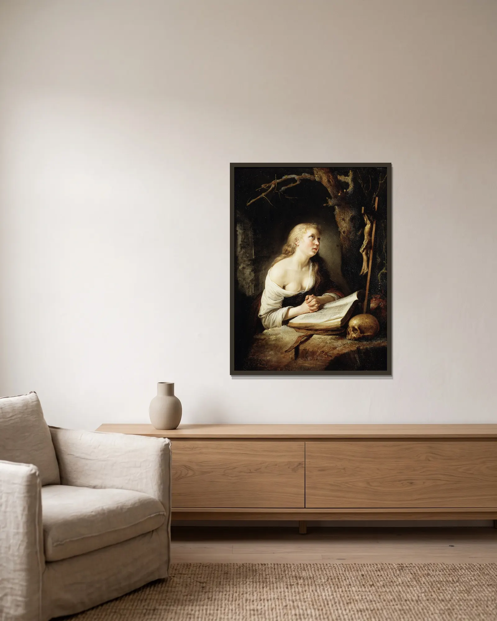 The Penitent Magdalen av Gerrit Dou inramad på en vägg