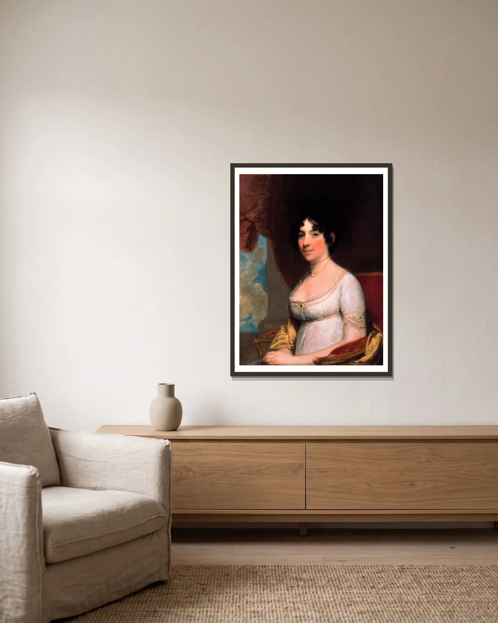 Dolley Payne Madison (Mrs. James Madison) av Gilbert Stuart inramad på en vägg