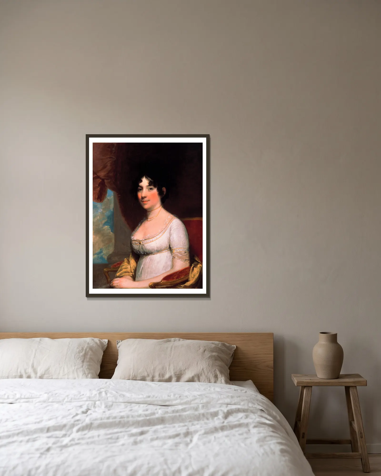 Dolley Payne Madison (Mrs. James Madison) av Gilbert Stuart inramad på en vägg