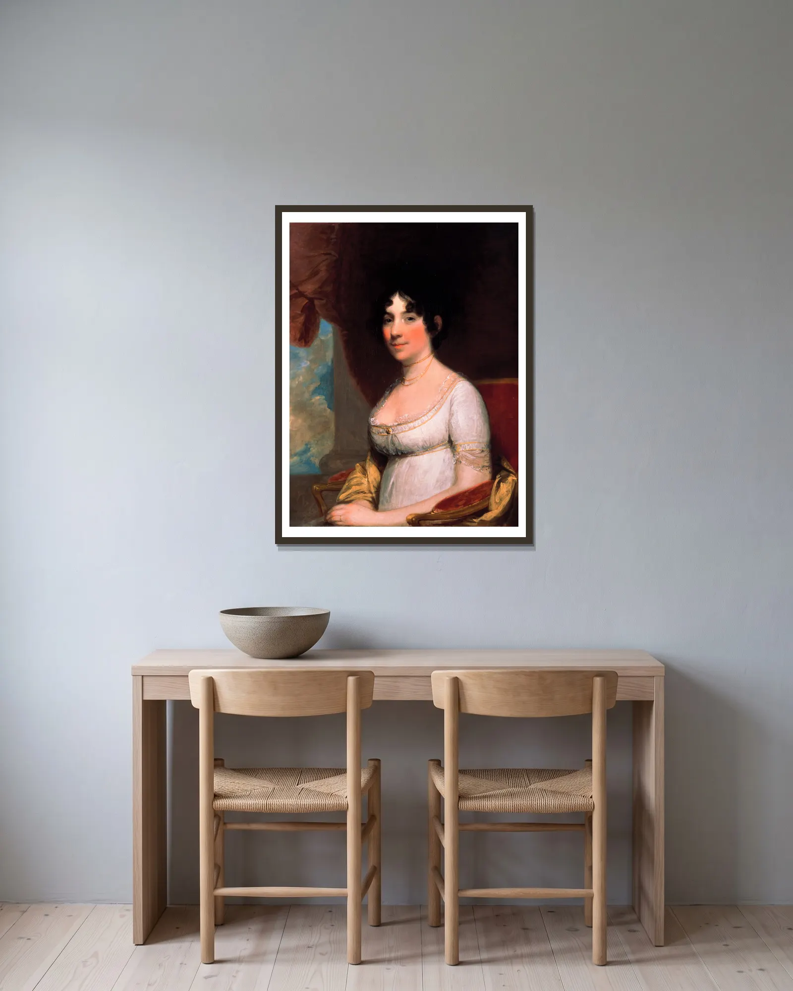 Dolley Payne Madison (Mrs. James Madison) av Gilbert Stuart inramad på en vägg