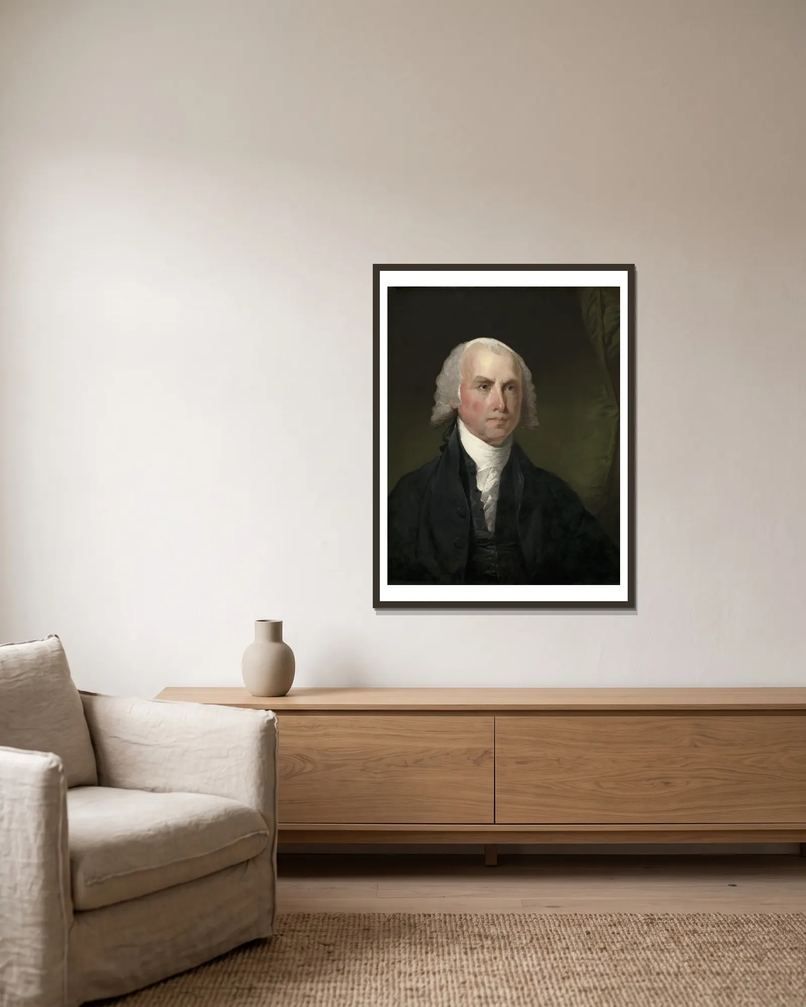 James Madison av Gilbert Stuart inramad på en vägg