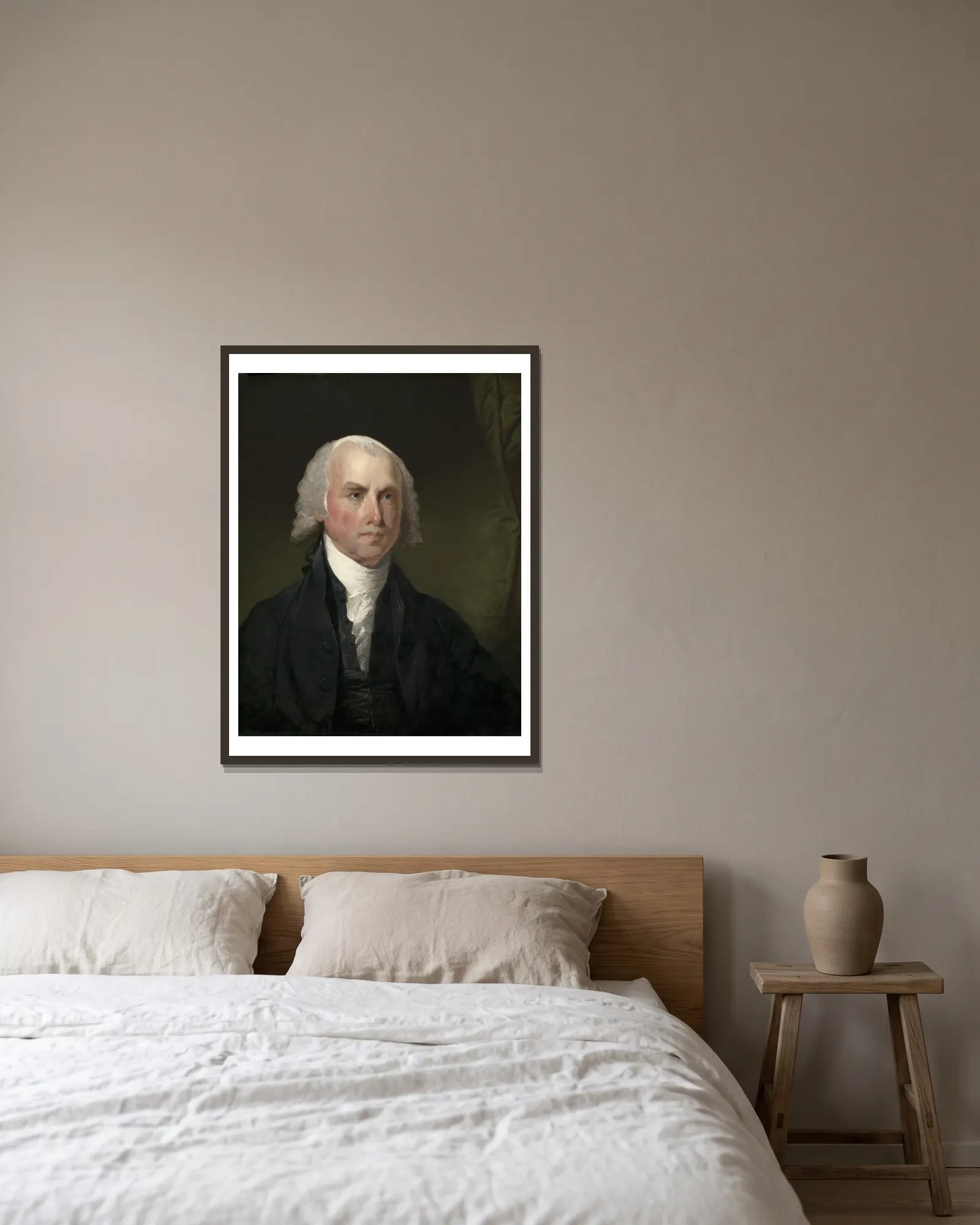 James Madison av Gilbert Stuart inramad på en vägg