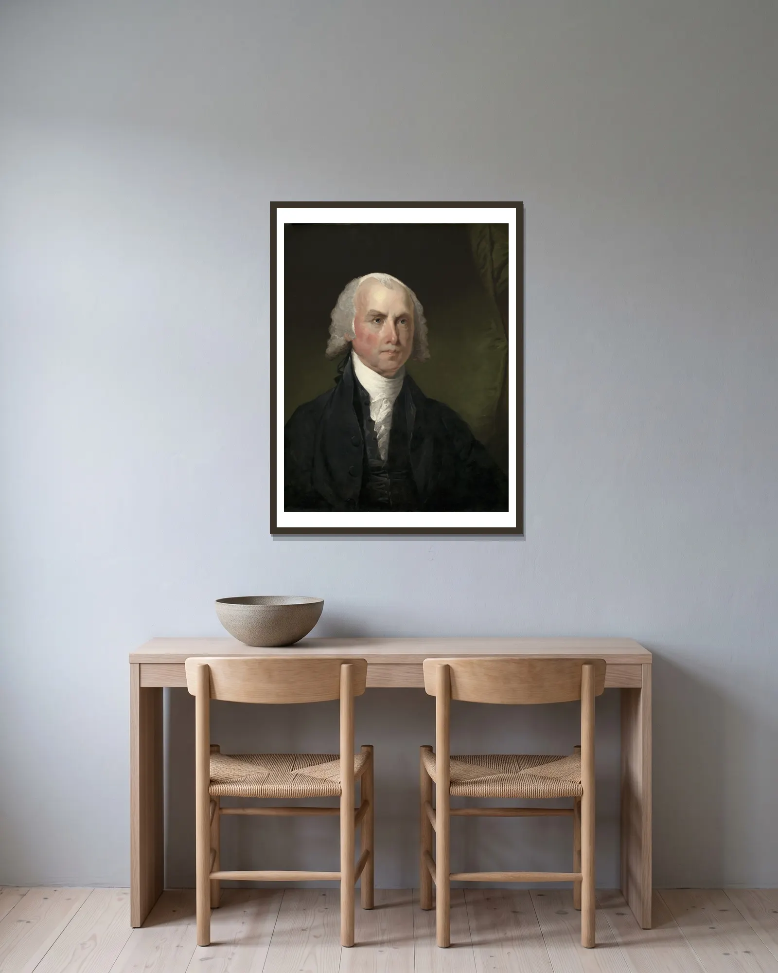 James Madison av Gilbert Stuart inramad på en vägg