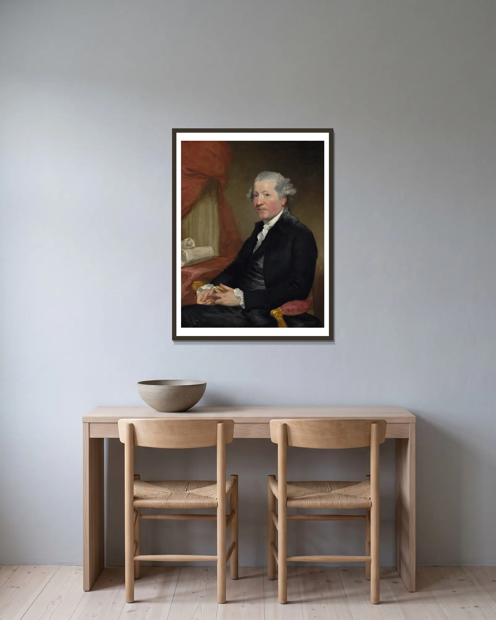 Sir Joshua Reynolds av Gilbert Stuart inramad på en vägg