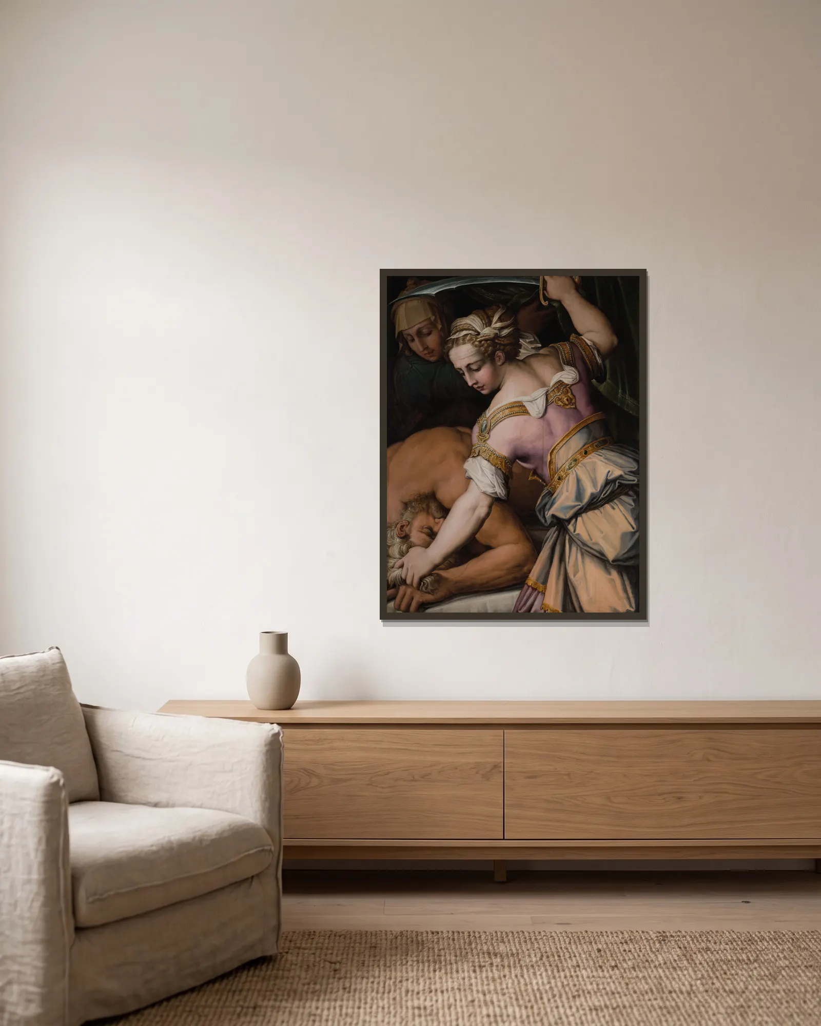 Judith and Holofernes av Giorgio Vasari inramad på en vägg