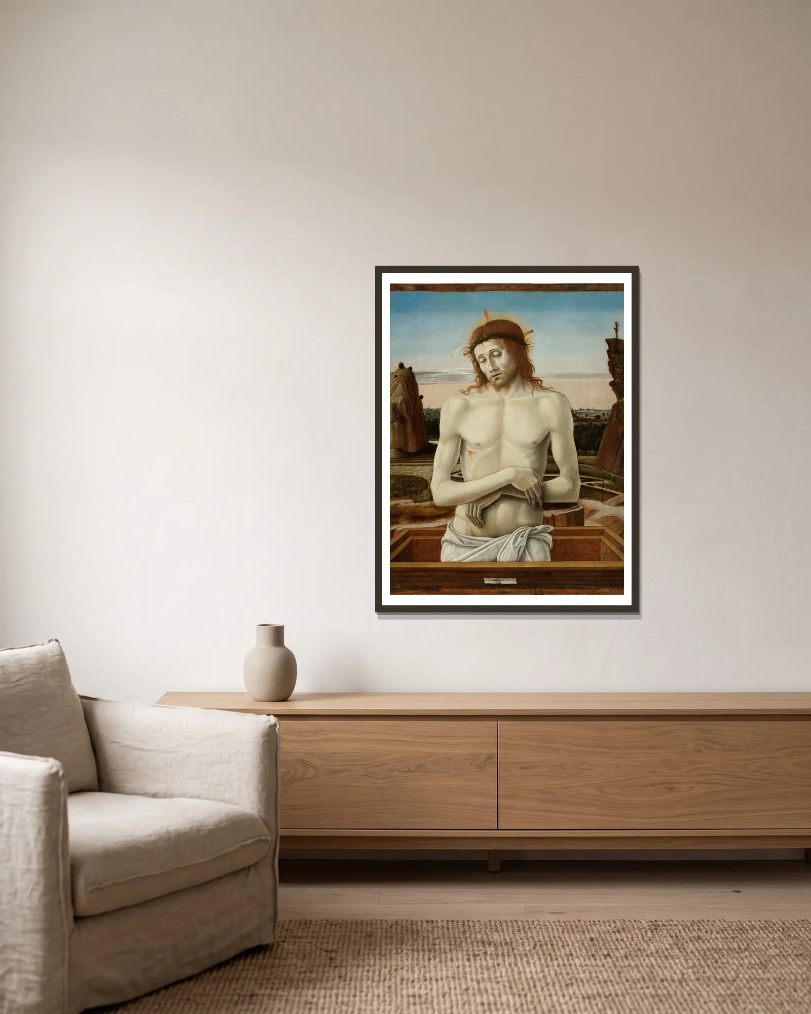 Imago Pietatis av Giovanni Bellini inramad på en vägg