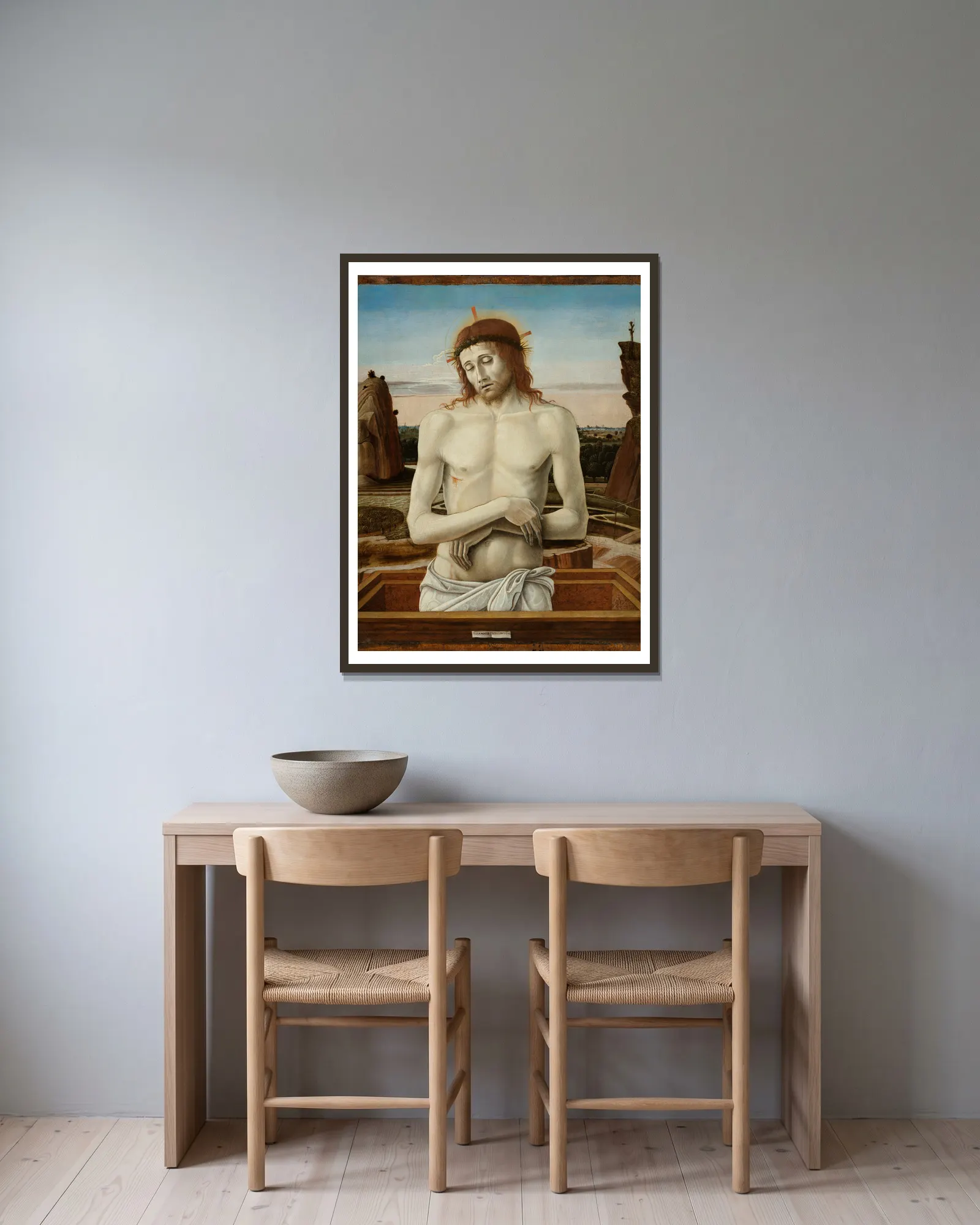 Imago Pietatis av Giovanni Bellini inramad på en vägg