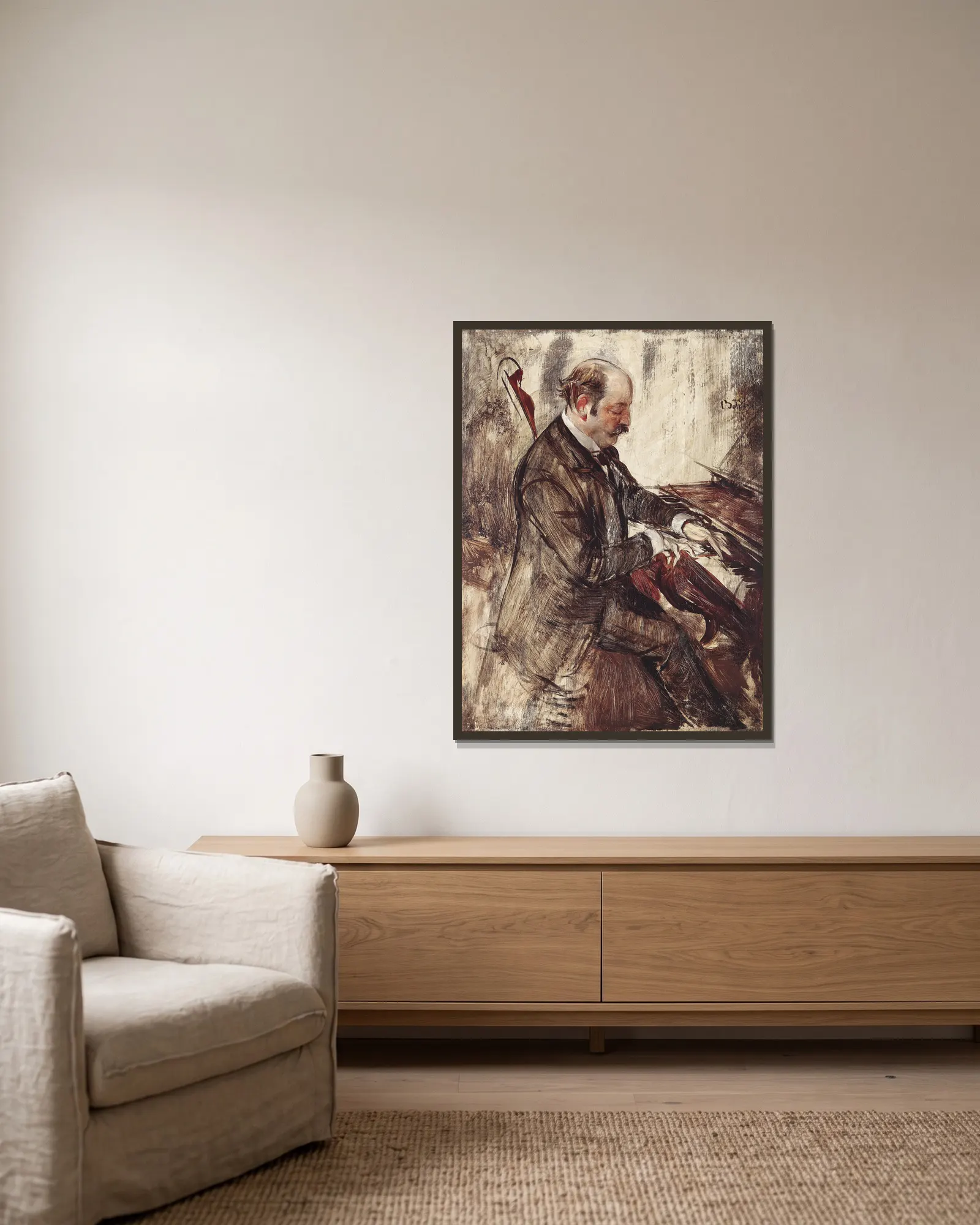 Der Pianist av Giovanni Boldini inramad på en vägg