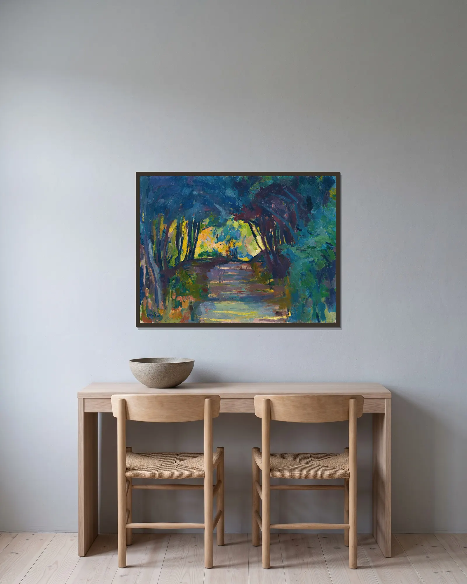 Waldweg av Giovanni Giacometti inramad på en vägg