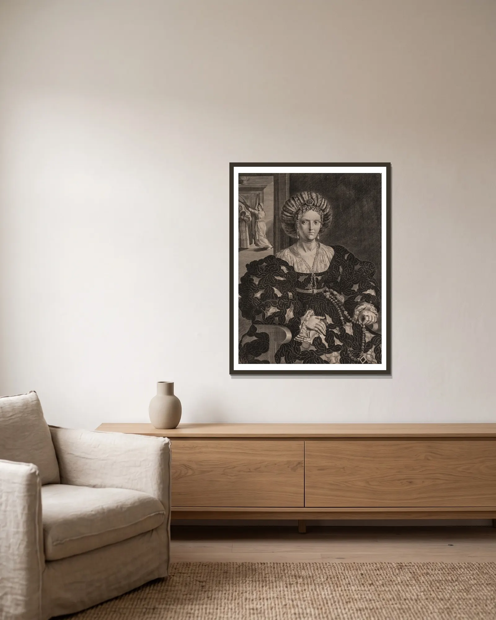 Isabella d’Este av Giulio Romano inramad på en vägg