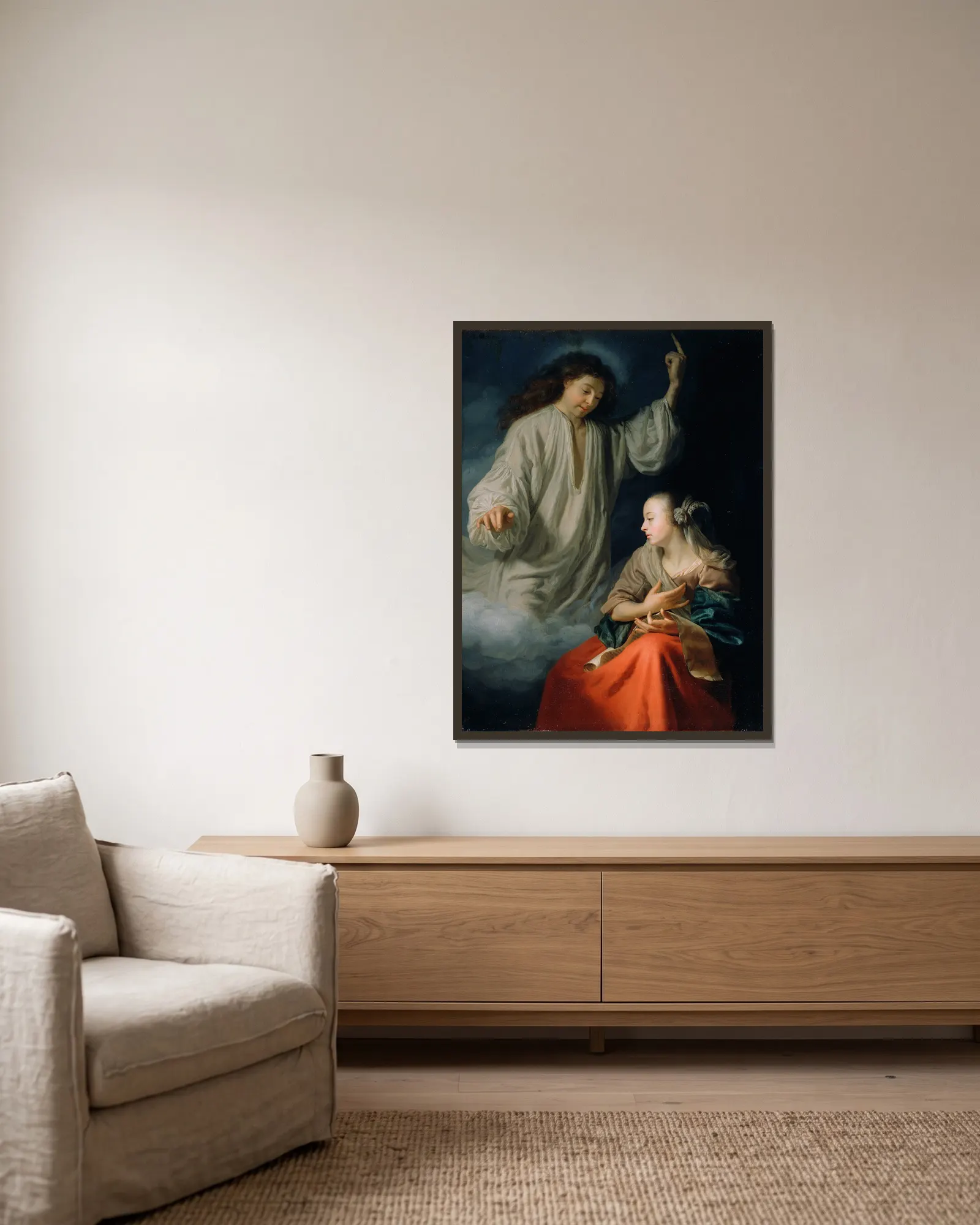 The Annunciation av Godfried Schalcken inramad på en vägg