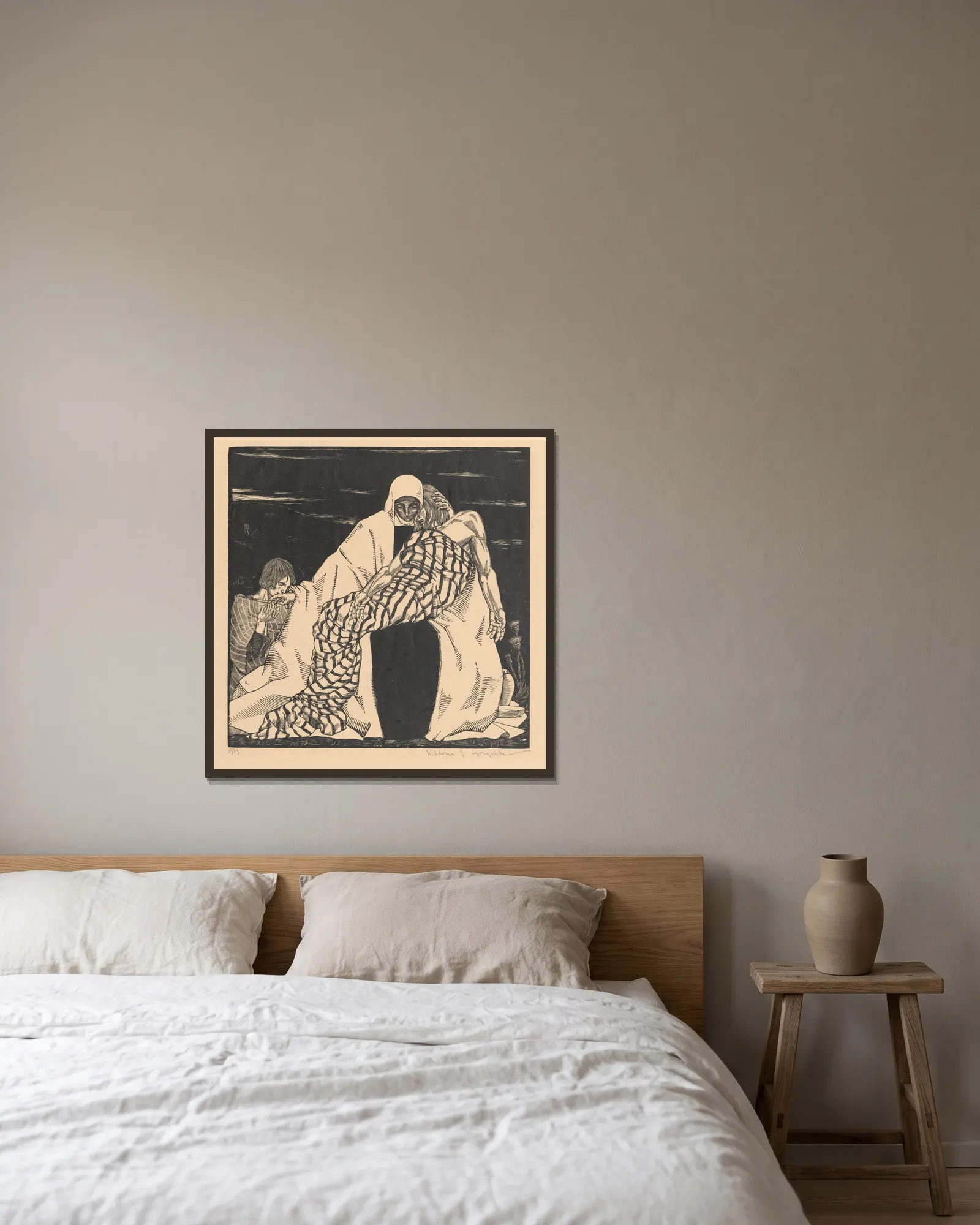 Pieta (Mater Dolorosa) av Wiktoria Goryńska inramad på en vägg