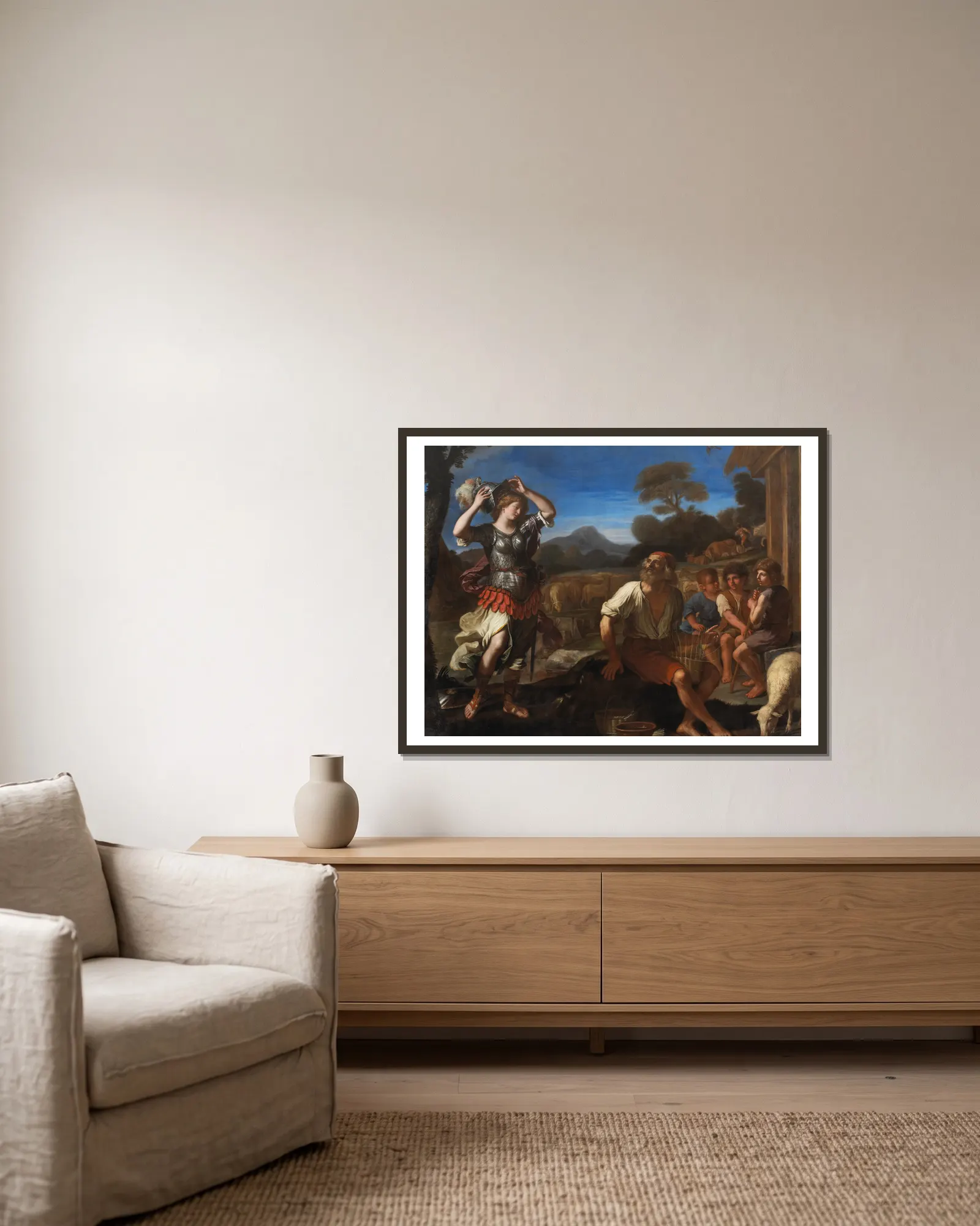 Erminia and the Shepherds av Guercino inramad på en vägg