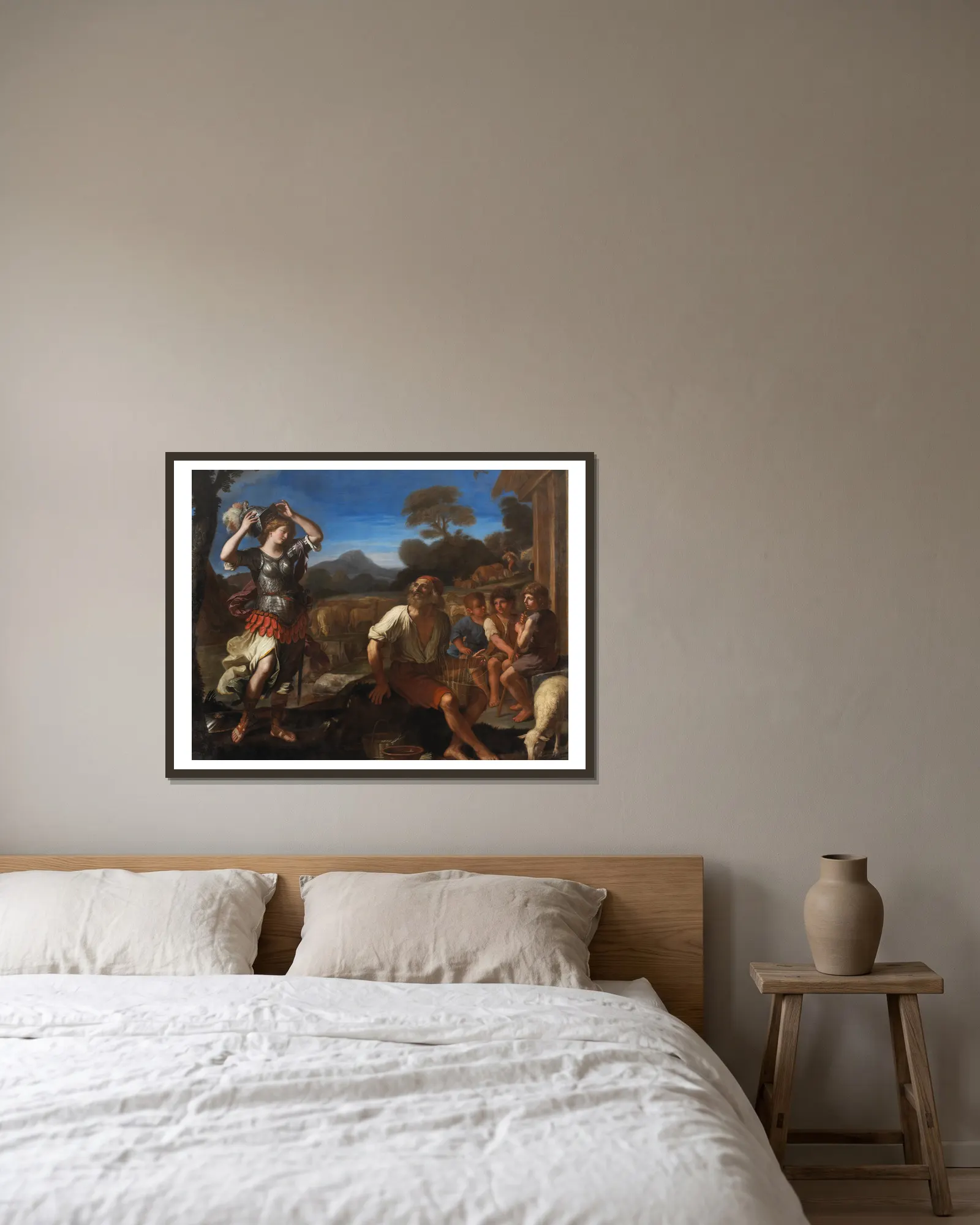 Erminia and the Shepherds av Guercino inramad på en vägg