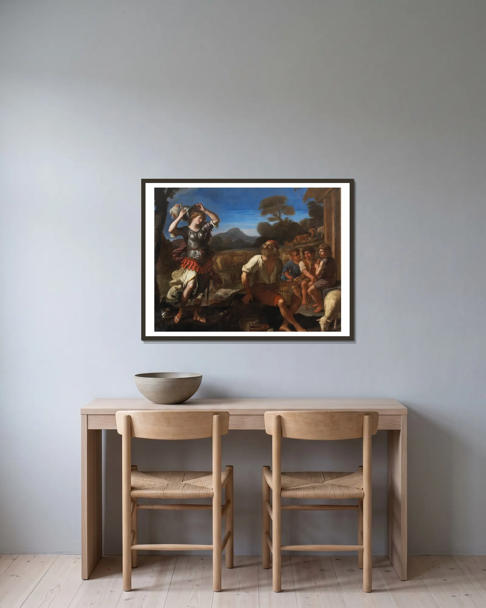 Erminia and the Shepherds av Guercino inramad på en vägg