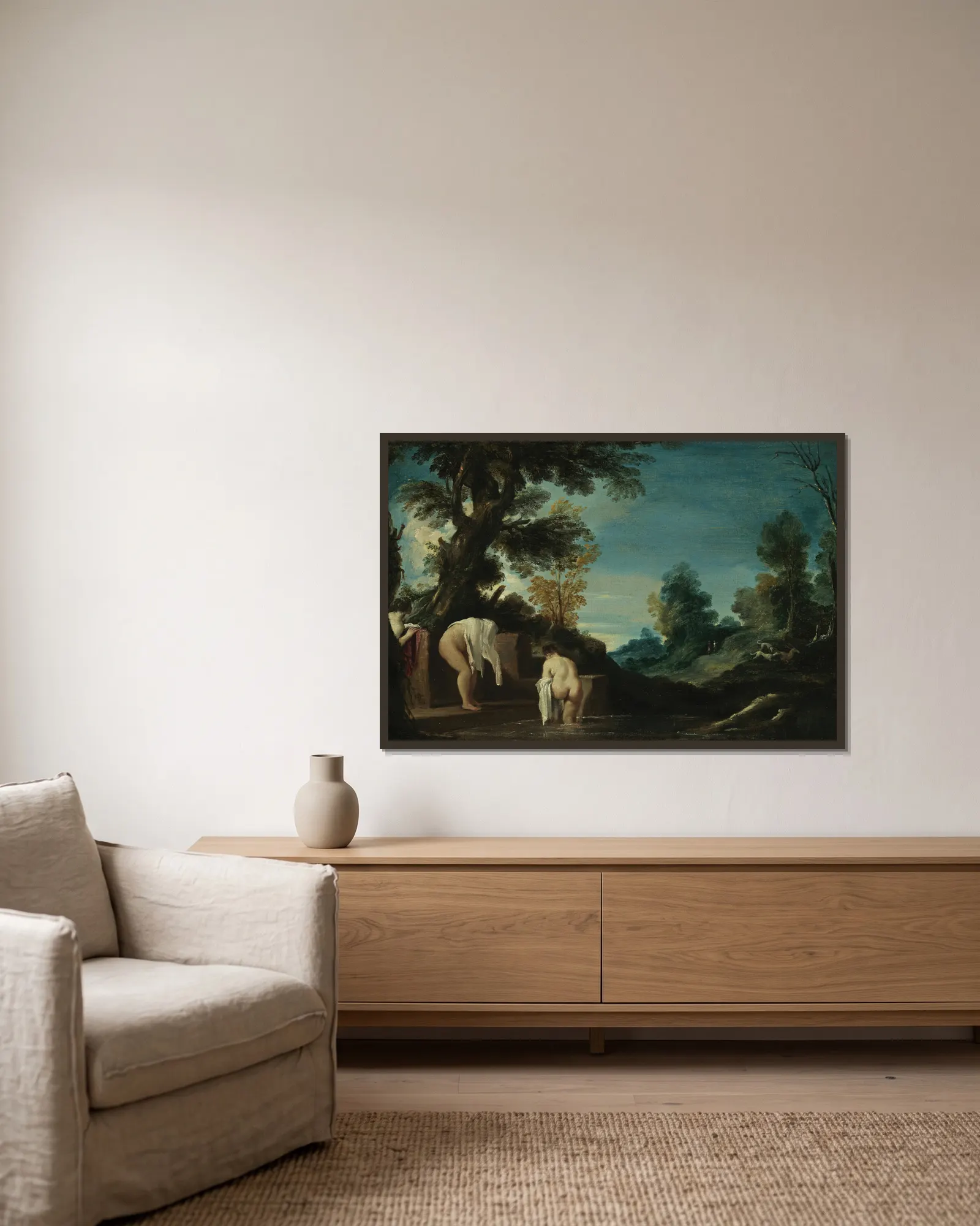 Landscape with Bathing Women av Guercino inramad på en vägg