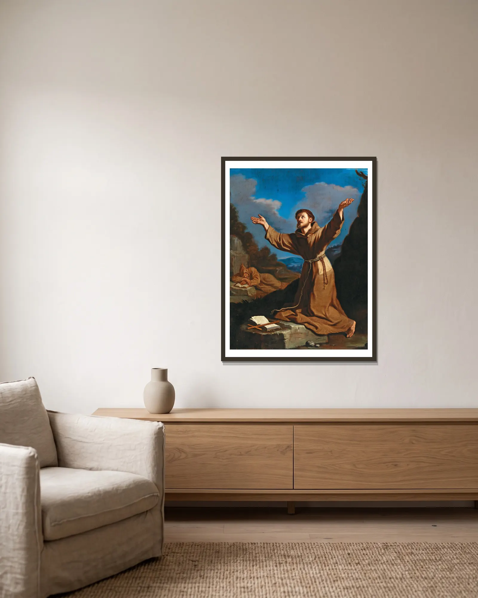 Saint Francis receiving the Stigmata av Guercino inramad på en vägg