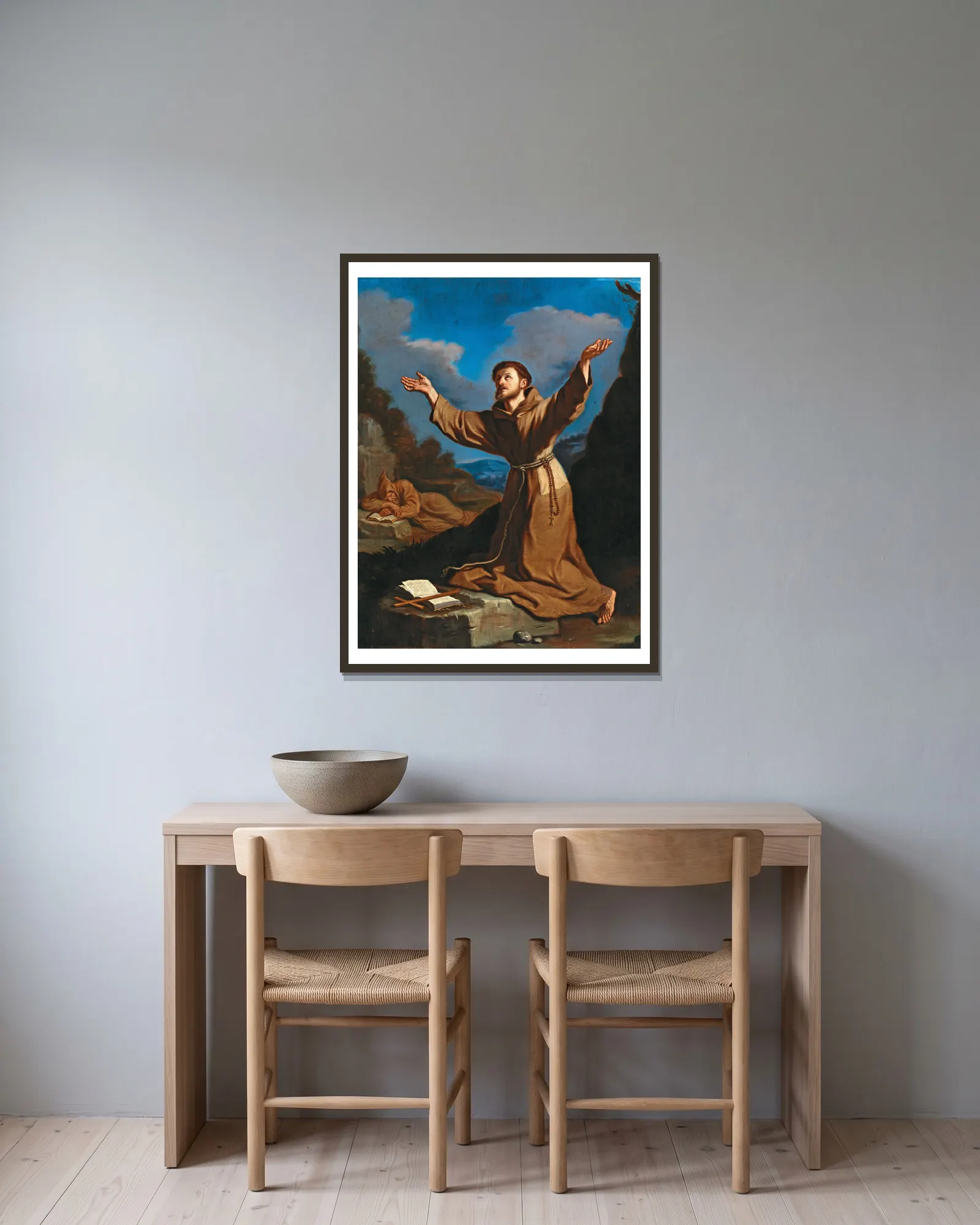 Saint Francis receiving the Stigmata av Guercino inramad på en vägg