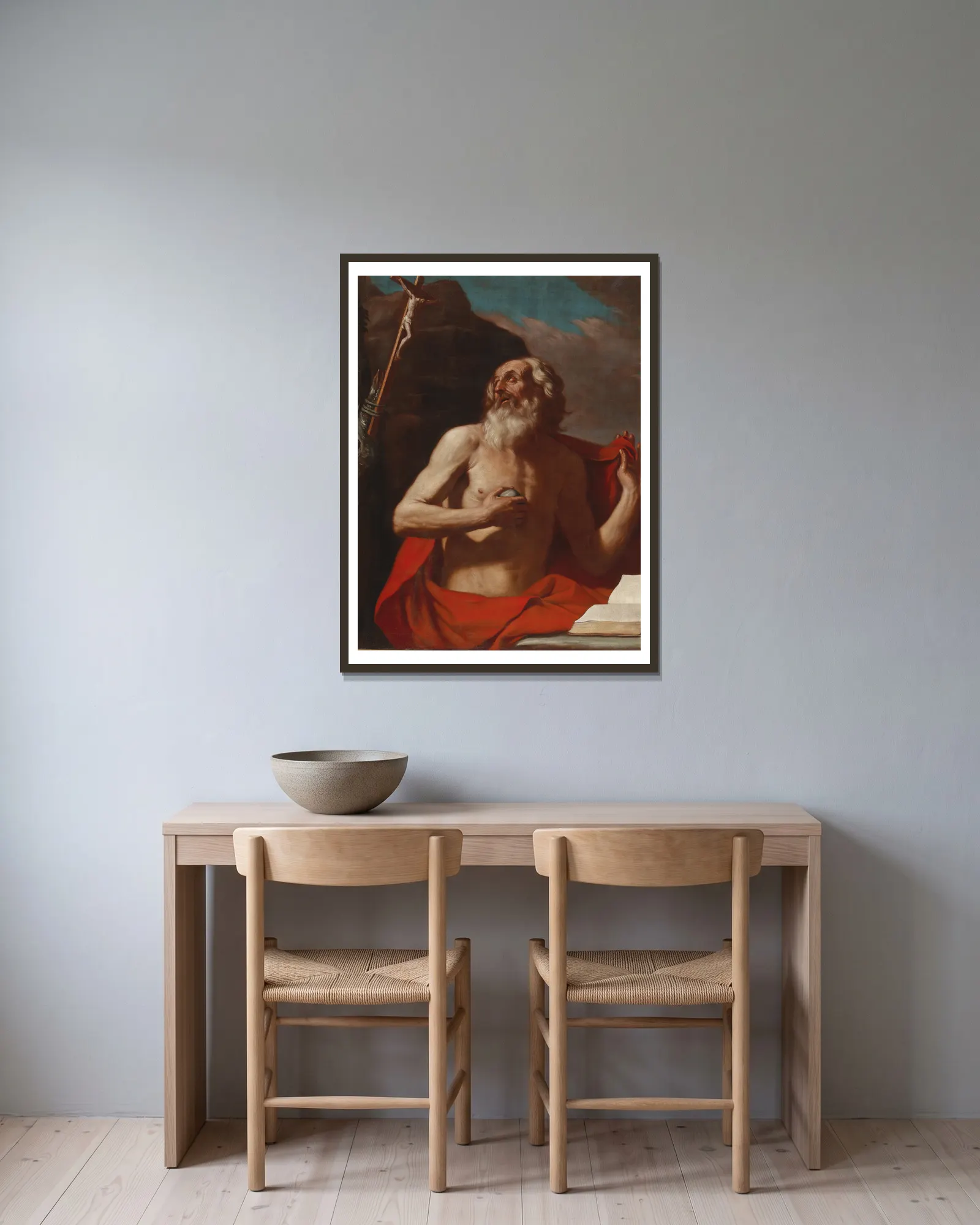 Saint Jerome av Guercino inramad på en vägg