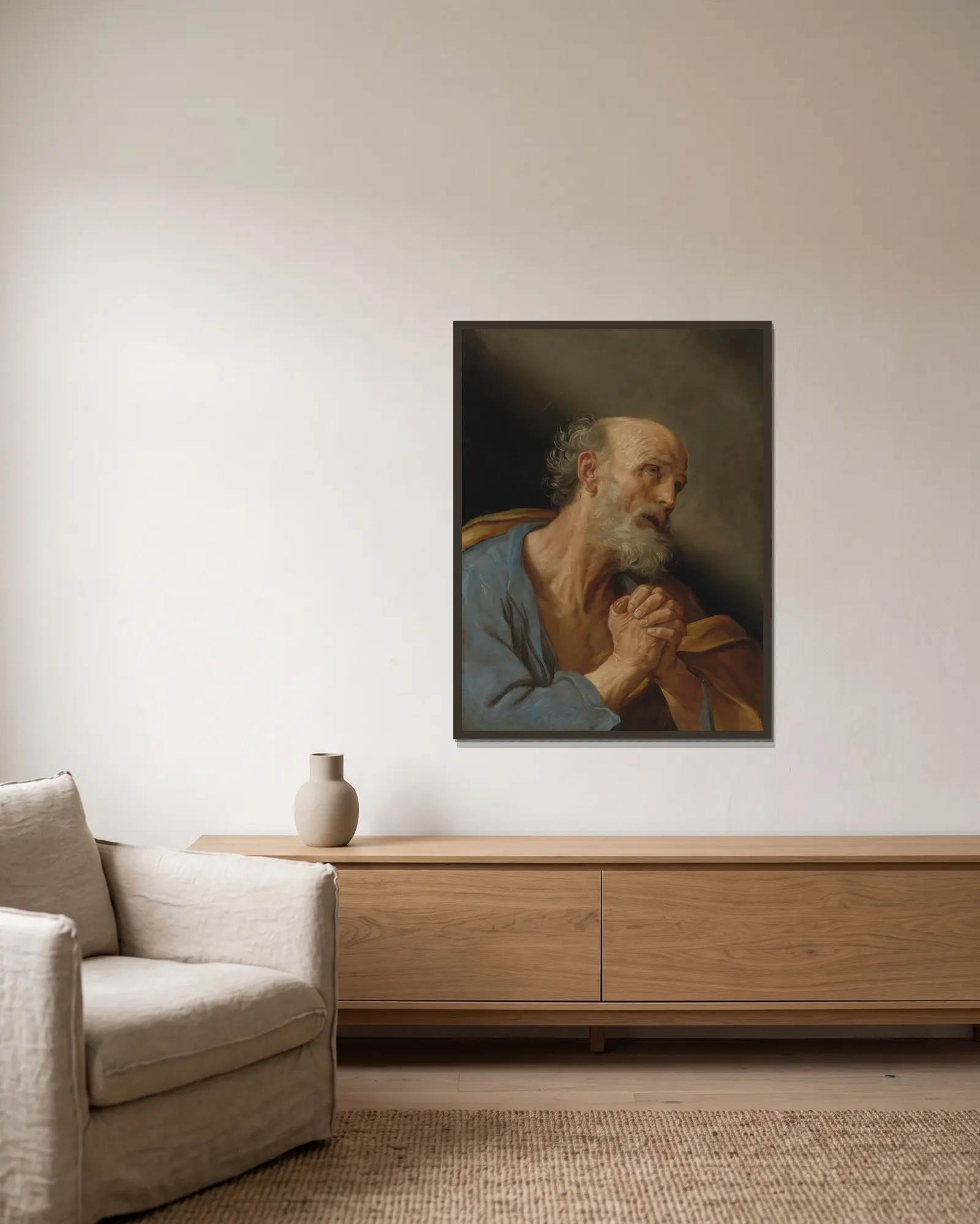 The Penitent Saint Peter av Guido Reni inramad på en vägg