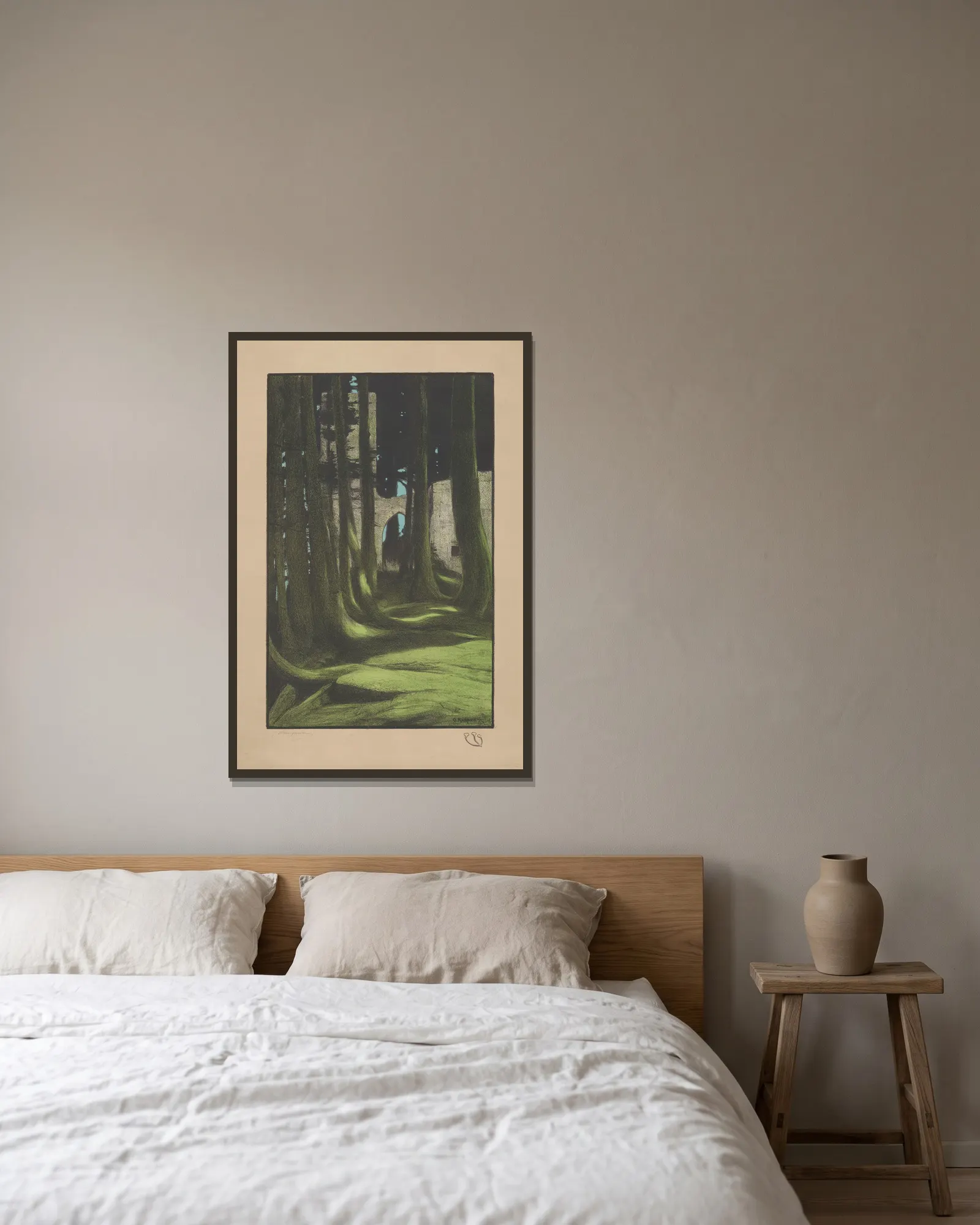 Ruins in a Forest av Gustav Kampmann inramad på en vägg