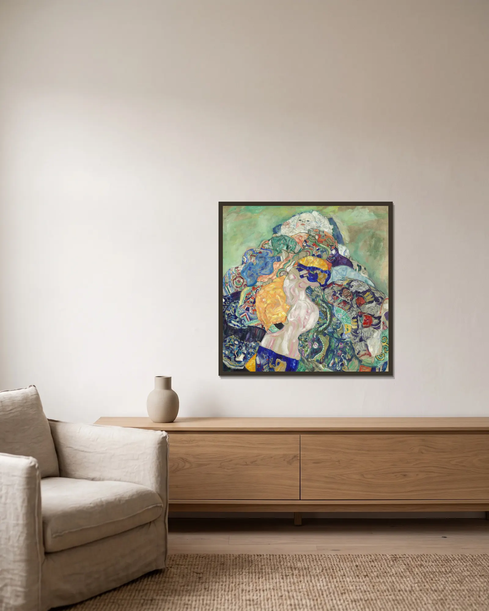 Baby (Cradle) av Gustav Klimt inramad på en vägg