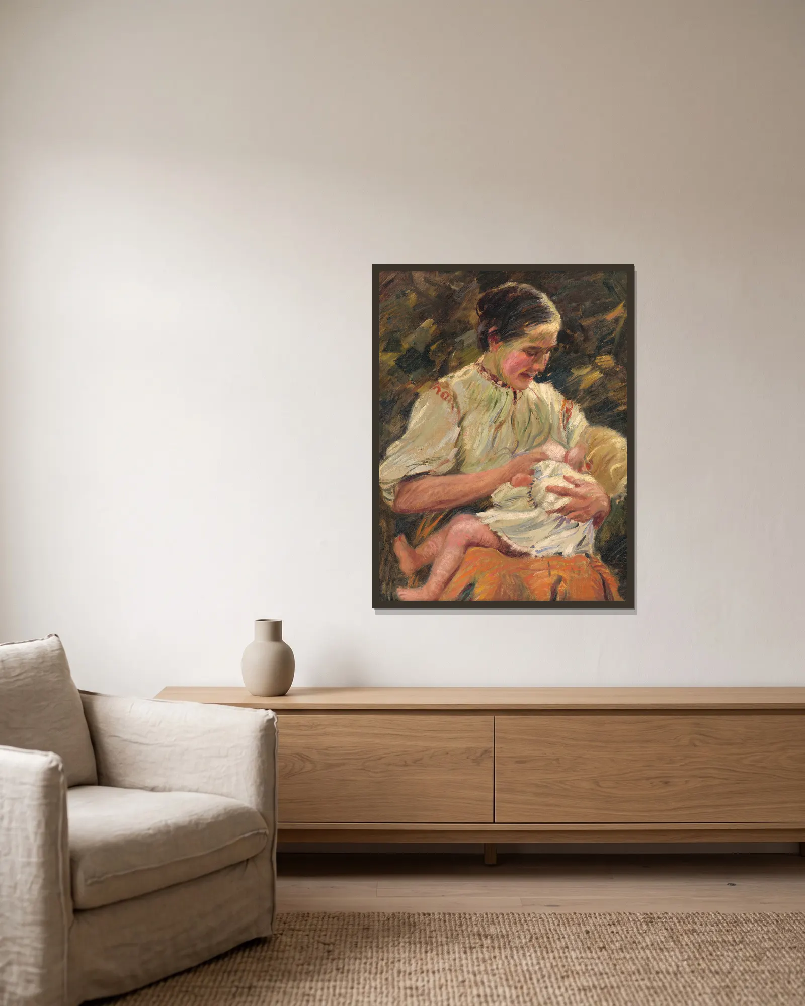 Mother Nursing av Gustáv Mallý inramad på en vägg