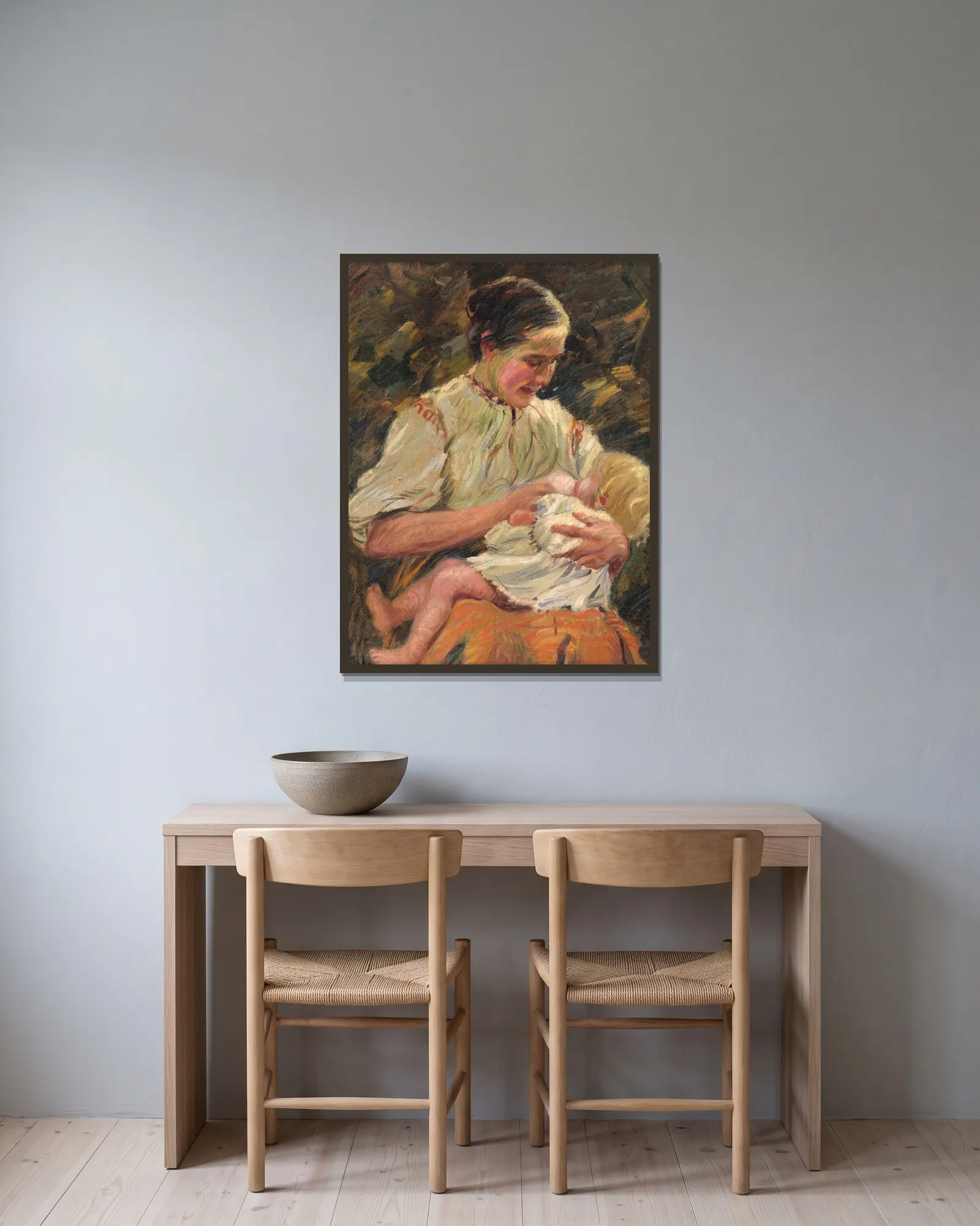 Mother Nursing av Gustáv Mallý inramad på en vägg
