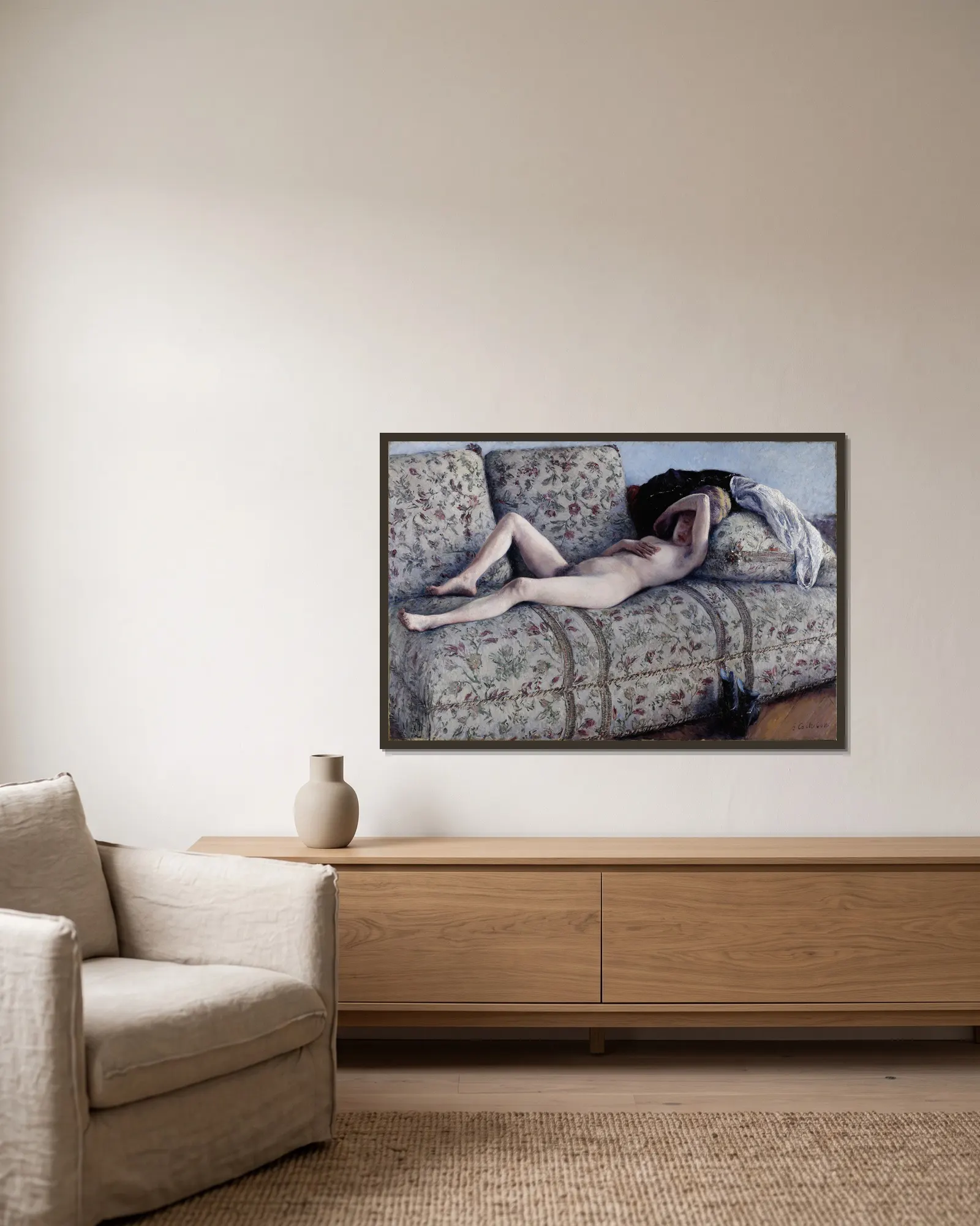 Nude on a Couch av Gustave Caillebotte inramad på en vägg