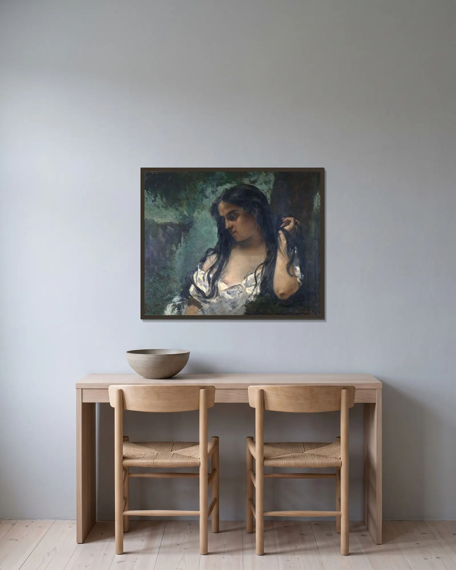 Gypsy In Reflection av Gustave Courbet inramad på en vägg