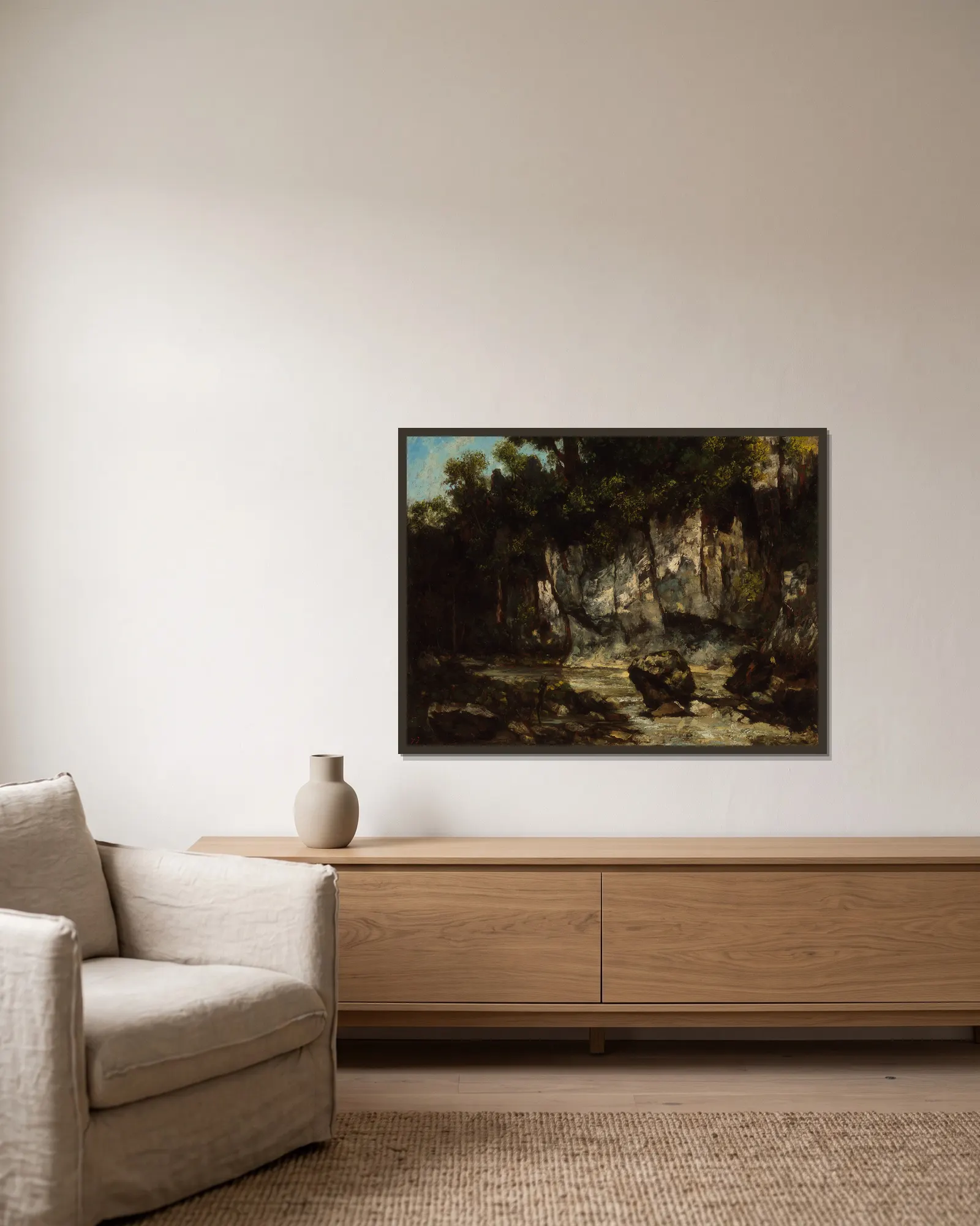 Landscape with stag av Gustave Courbet inramad på en vägg