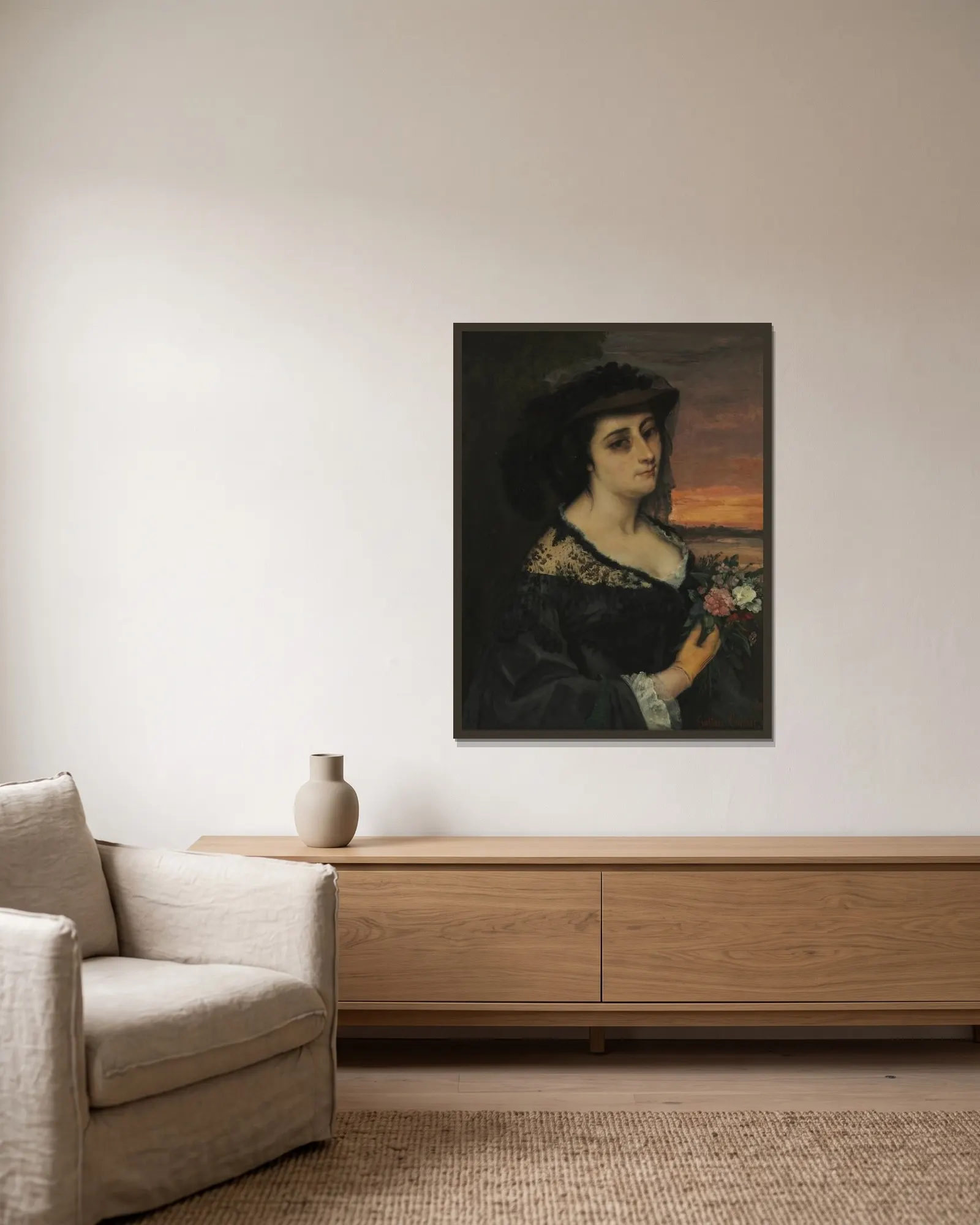 Mme L… (Laure Borreau) av Gustave Courbet inramad på en vägg