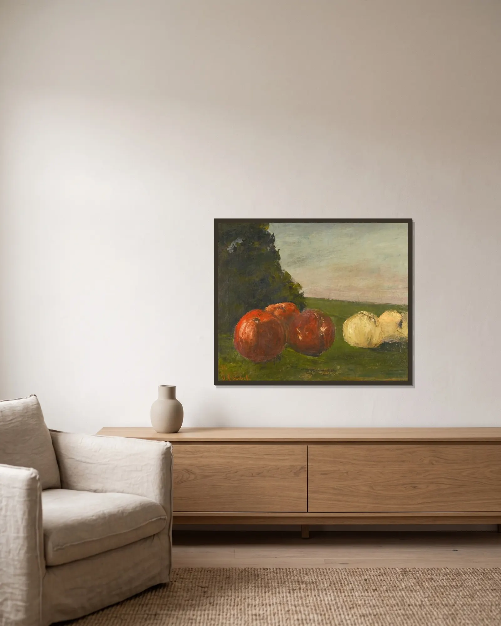 Nature morte av Gustave Courbet inramad på en vägg