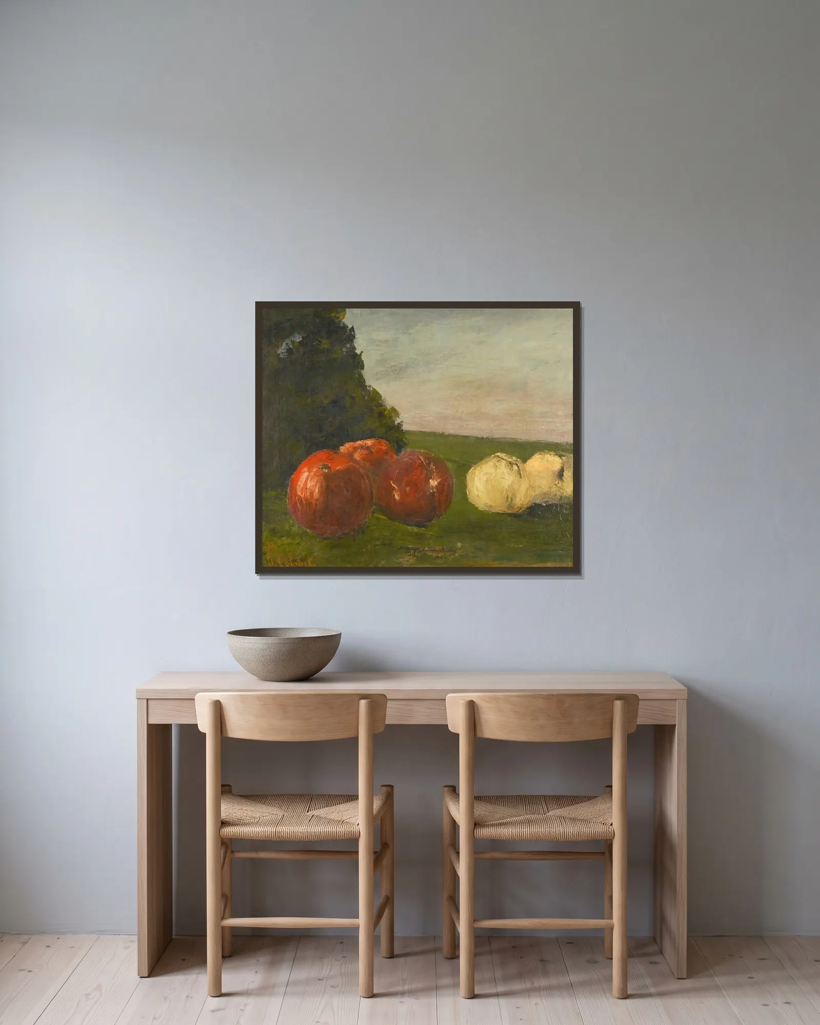 Nature morte av Gustave Courbet inramad på en vägg