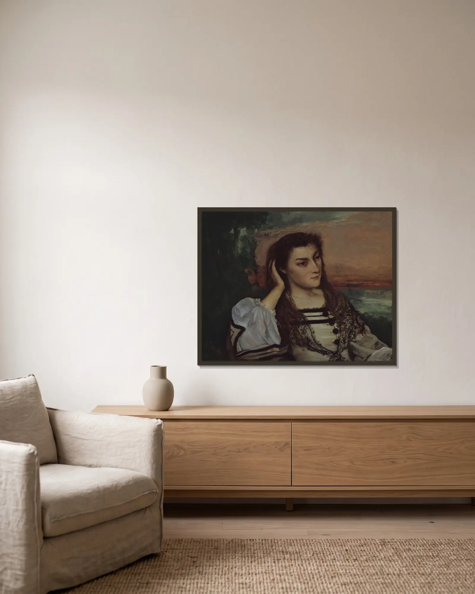 Reverie (Portrait of Gabrielle Borreau) av Gustave Courbet inramad på en vägg