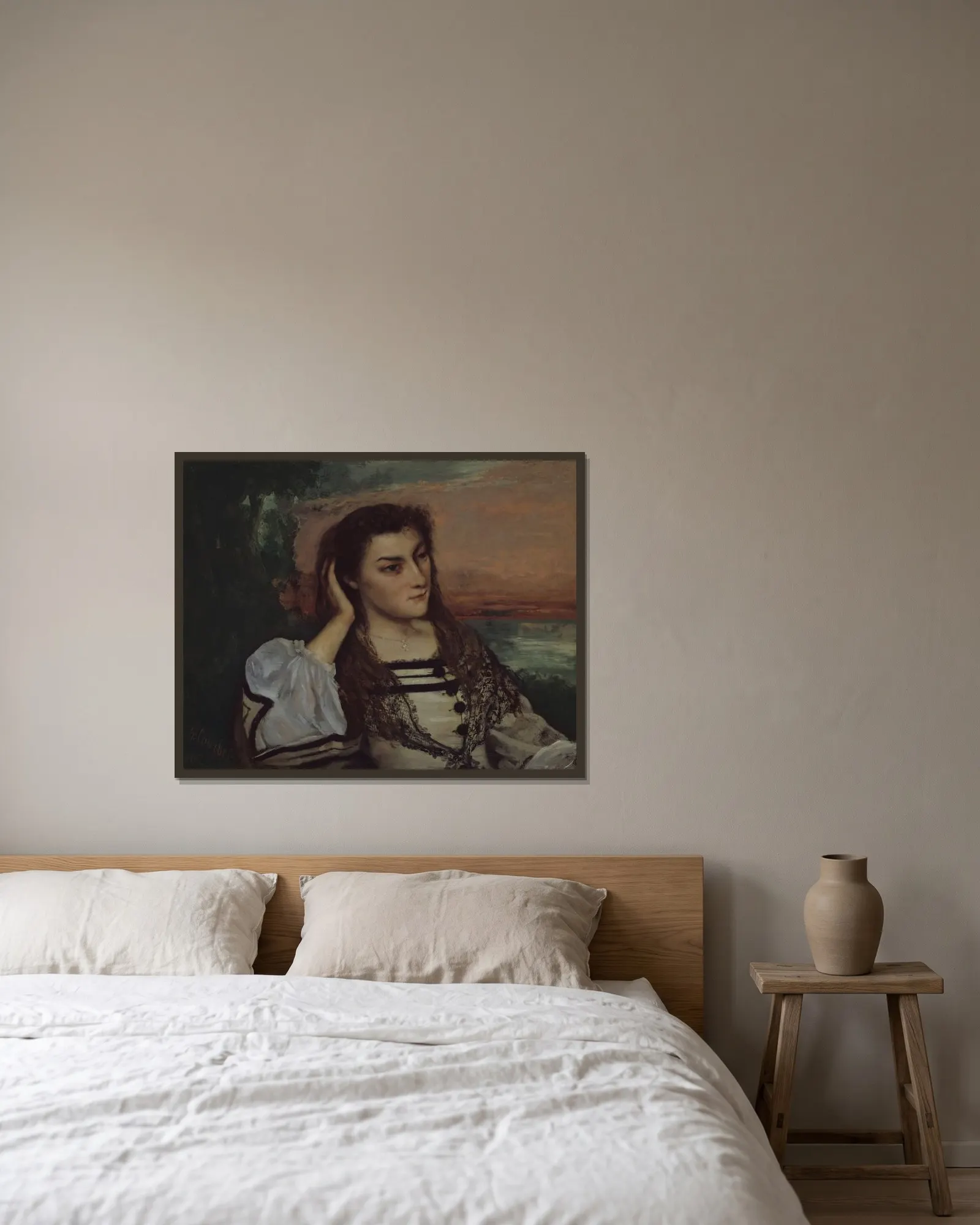 Reverie (Portrait of Gabrielle Borreau) av Gustave Courbet inramad på en vägg