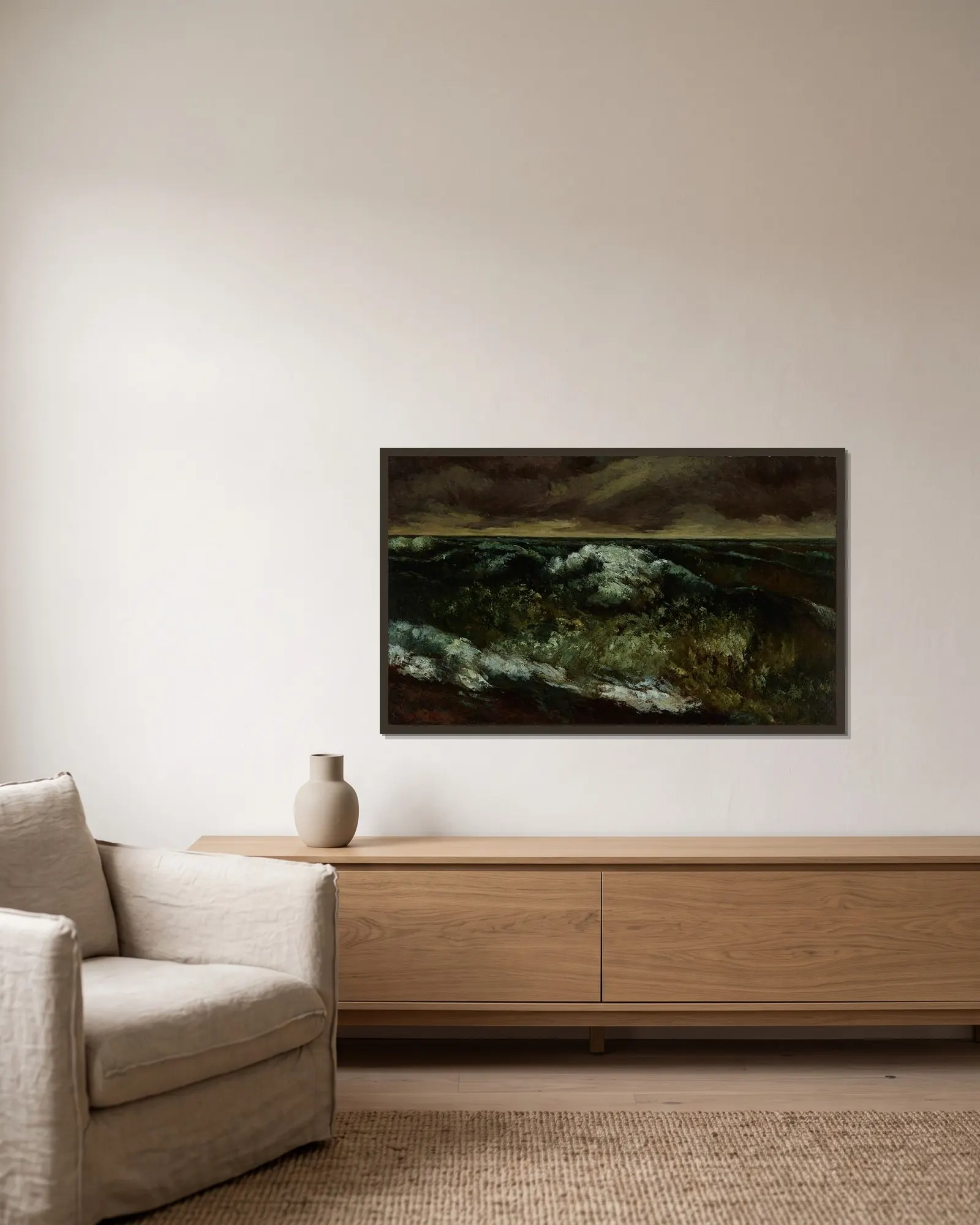The Wave – nr 1 av Gustave Courbet inramad på en vägg