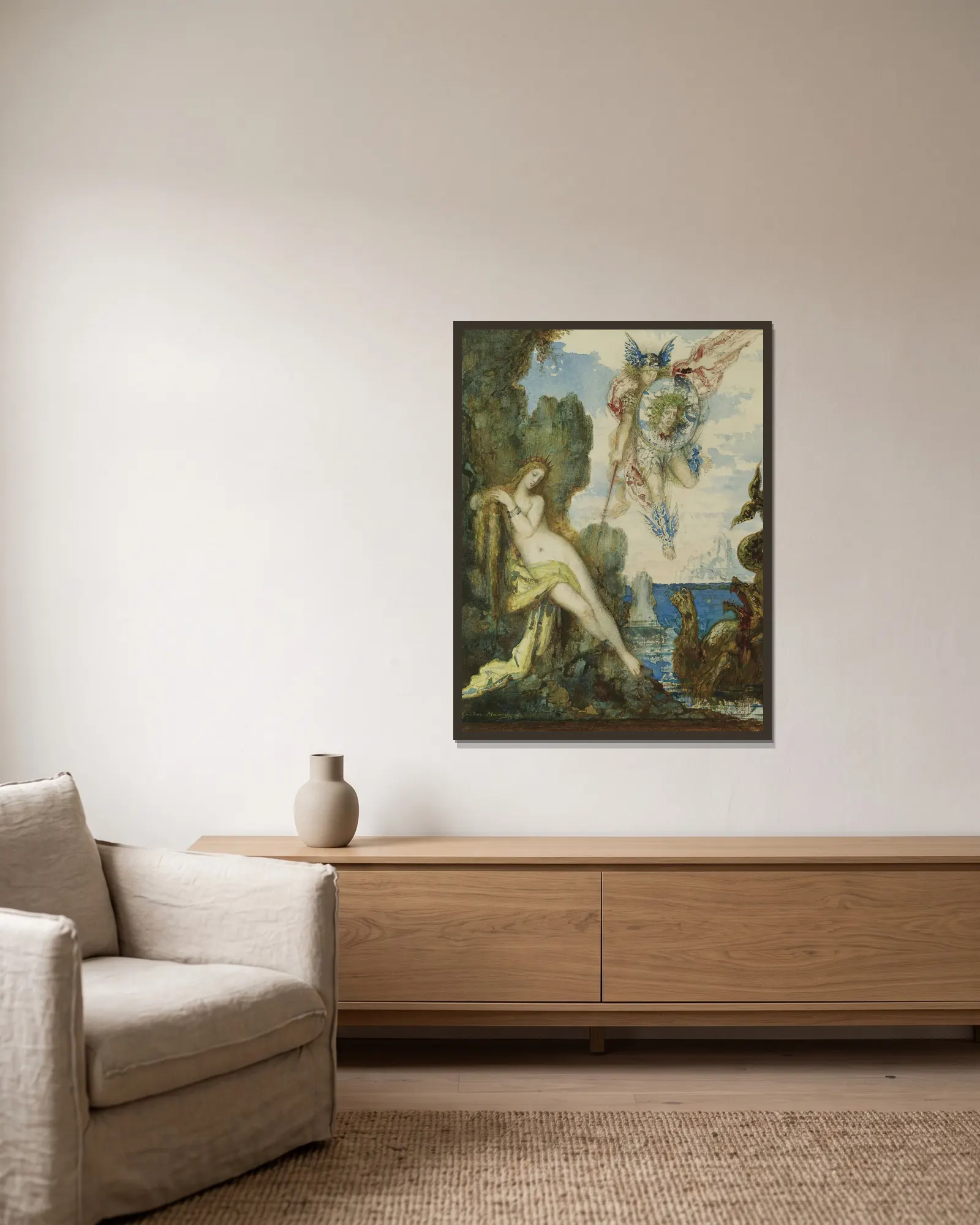 Persee Et Andromede av Gustave Moreau inramad på en vägg