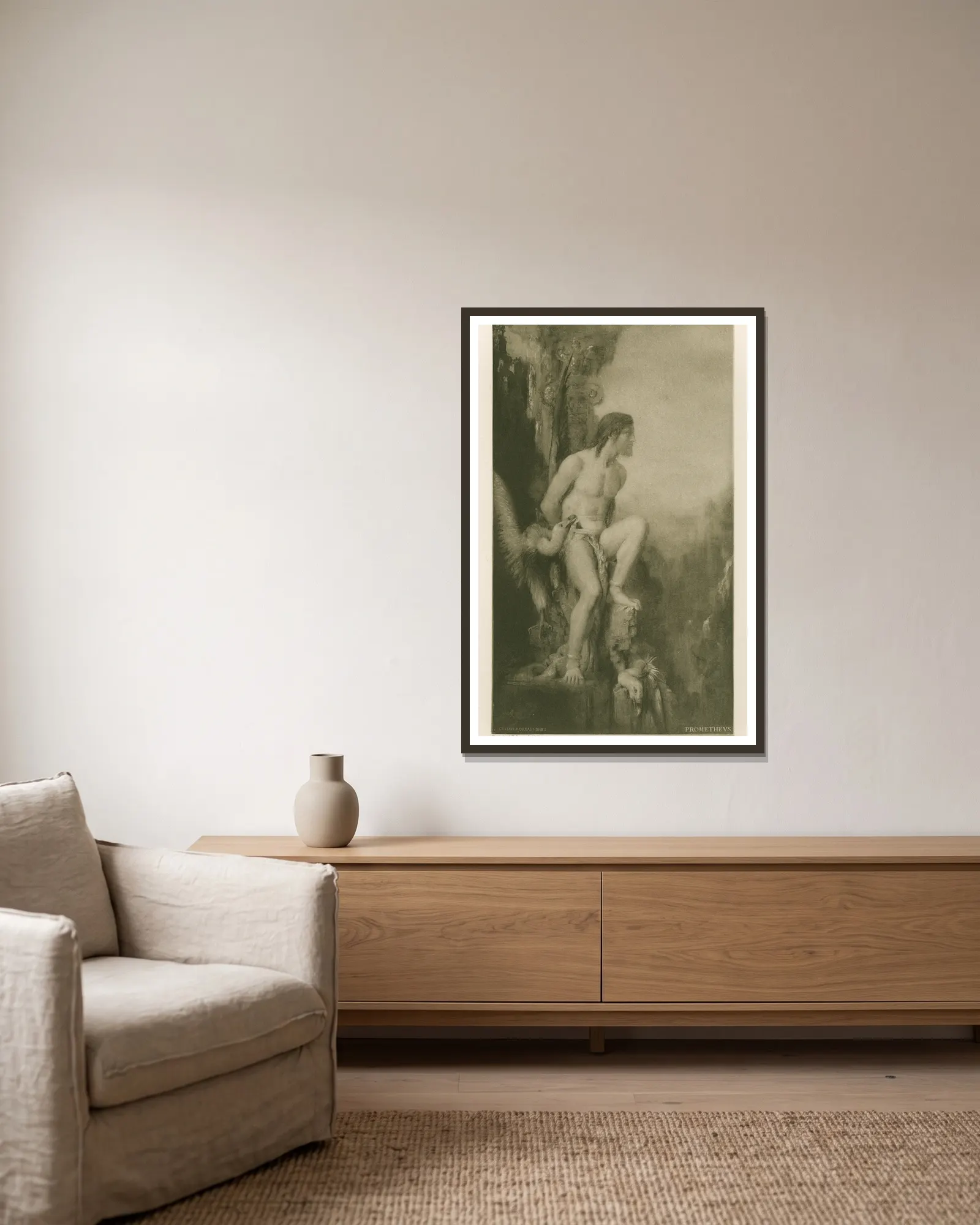 Prométhée av Gustave Moreau inramad på en vägg