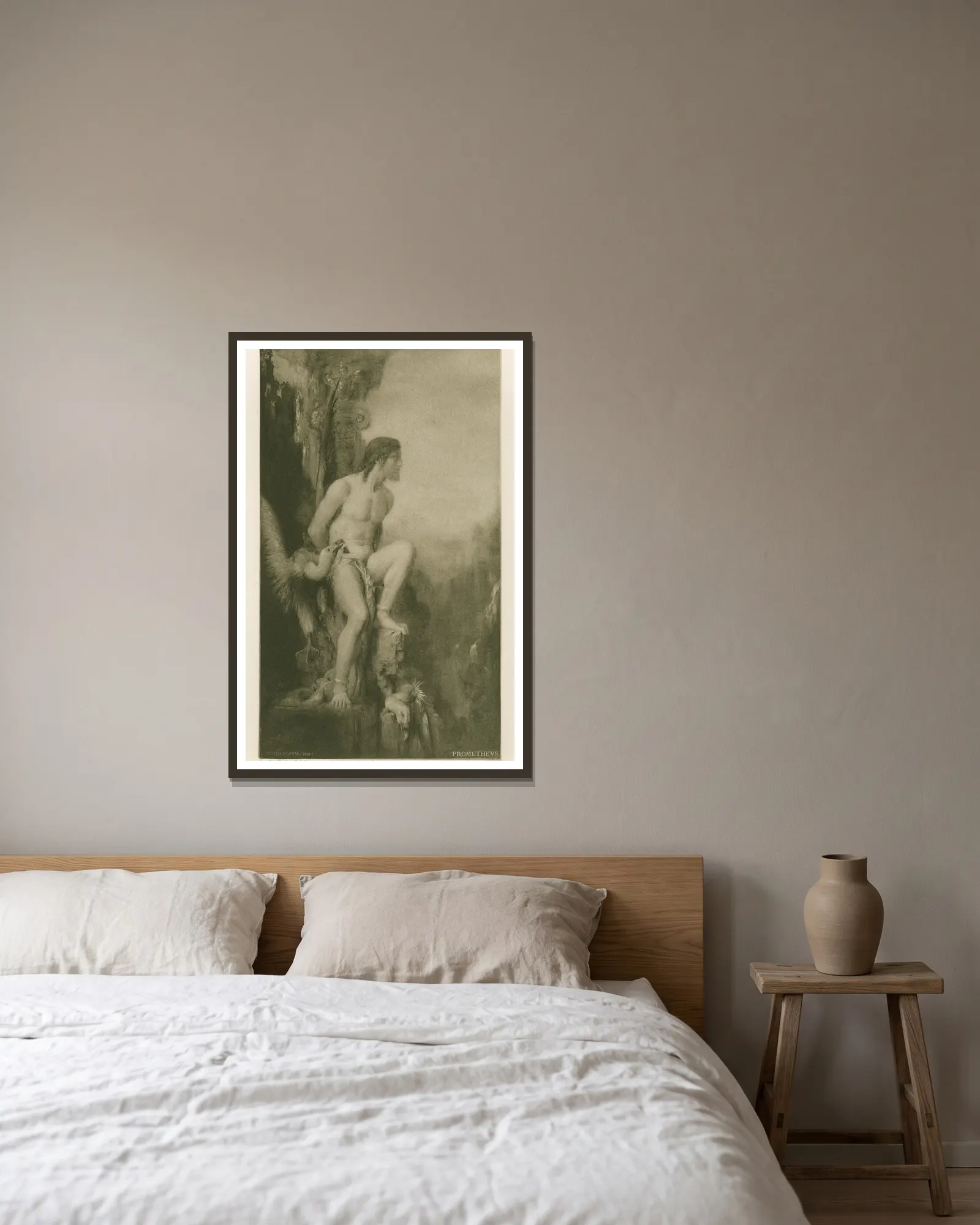 Prométhée av Gustave Moreau inramad på en vägg
