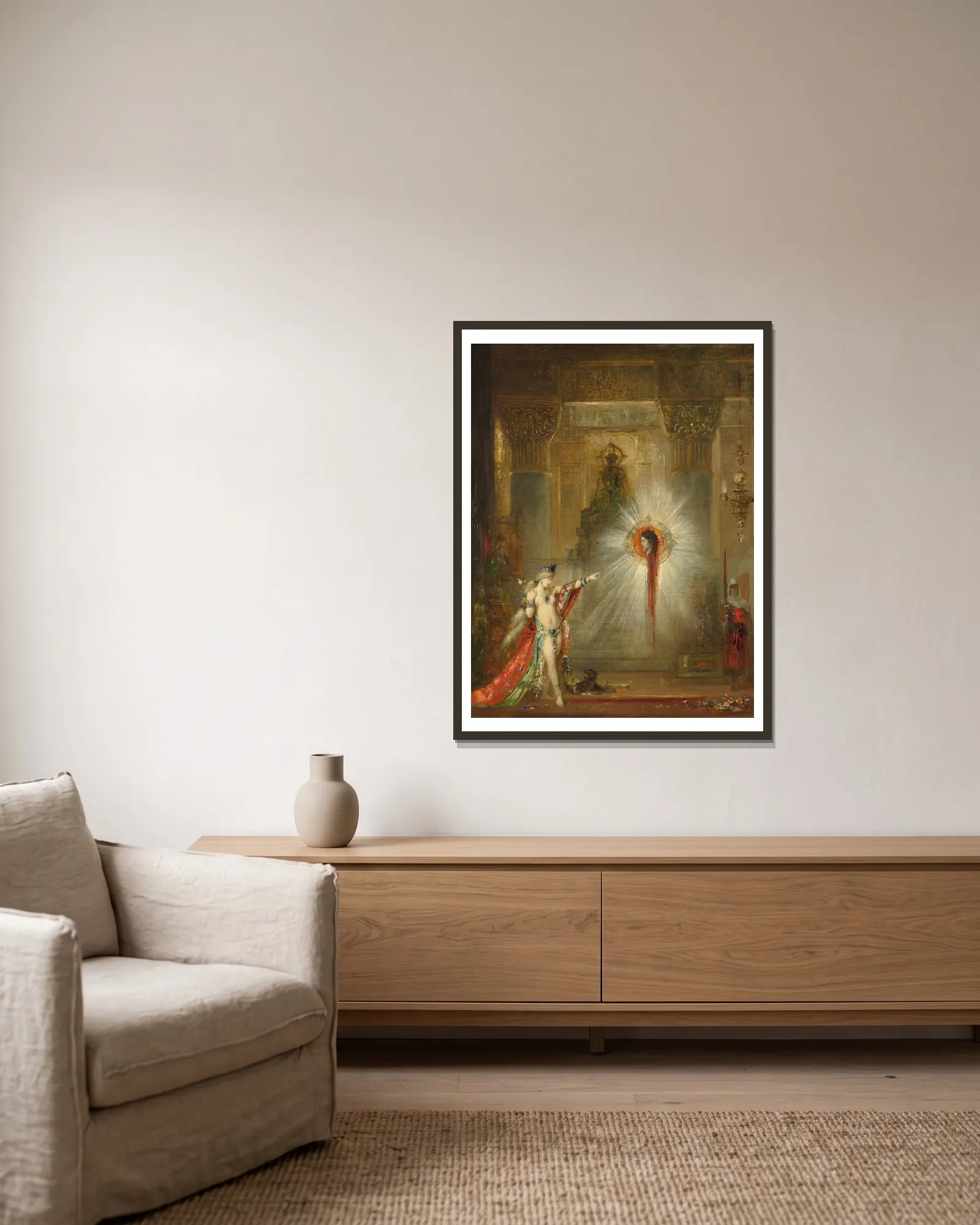 The Apparition av Gustave Moreau inramad på en vägg