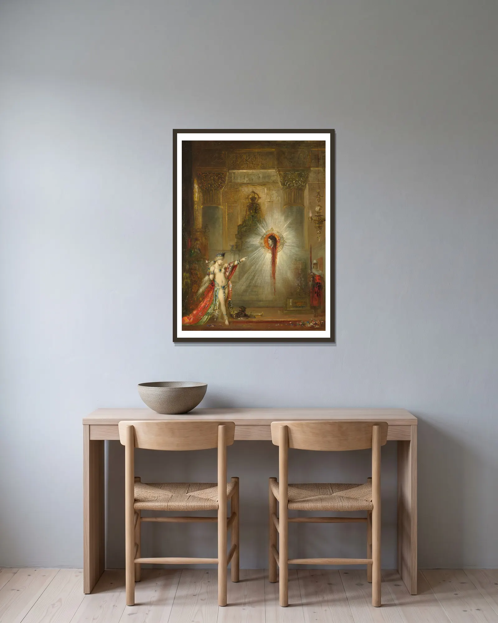 The Apparition av Gustave Moreau inramad på en vägg